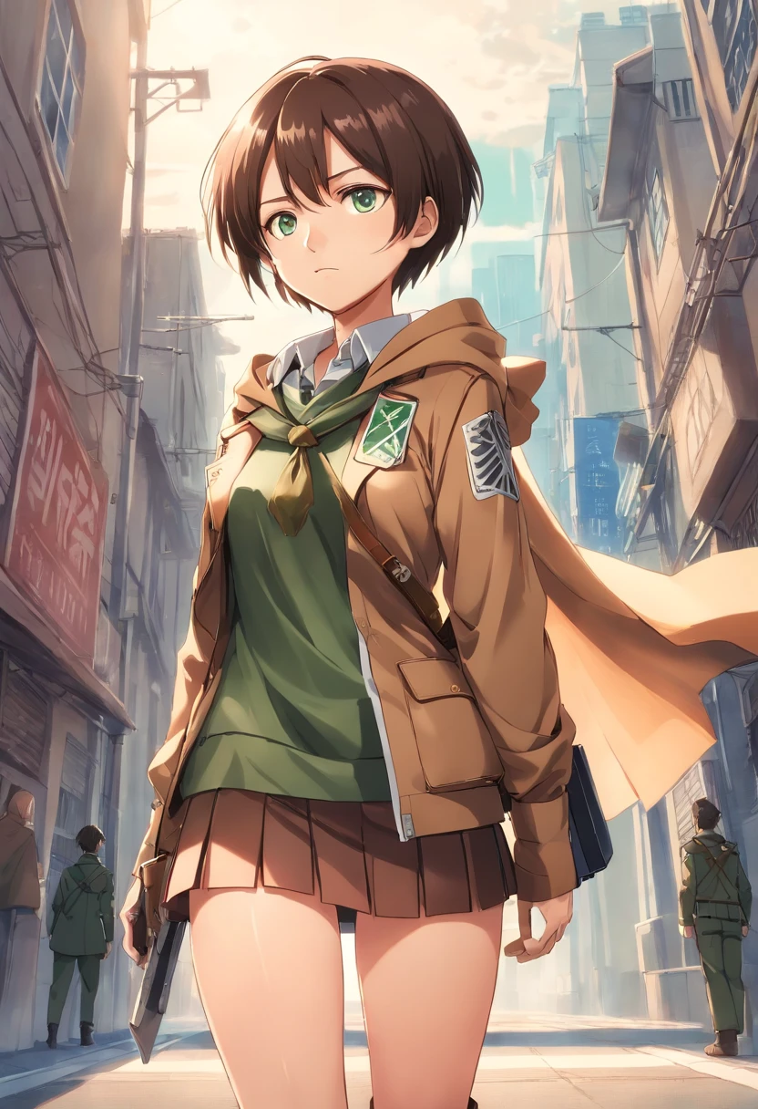 Attack on Titan, Boy with black wair with side parted short hairstyle, hair down, little fringe. And The short boxed beard. Attack on Titan style. Wearing white button up collared shirt, a dark brown fitted white pants, knee-high boots of the same color as the waist skirt, and a light brown colored high waist jacket. The uniform also comes with a green cape with a hood that also encompasses the Survey Corps logo on the back. Soldiers in this branch have a maneuver gear box which is strapped onto their waist area with harnesses along the chest and legs area.