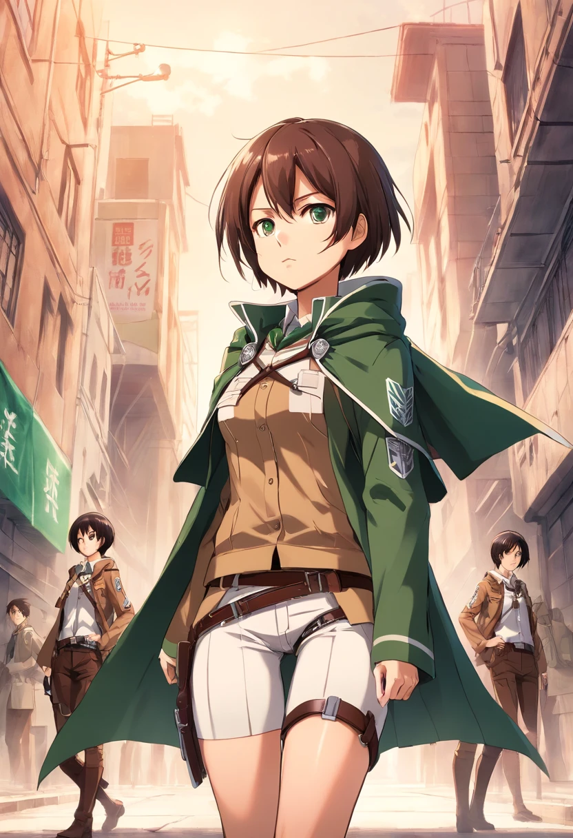 Attack on Titan, Boy with black wair with side parted short hairstyle, hair down, little fringe. And The short boxed beard. Attack on Titan style. Wearing white button up collared shirt, a dark brown fitted white pants, knee-high boots of the same color as the waist skirt, and a light brown colored high waist jacket. The uniform also comes with a green cape with a hood that also encompasses the Survey Corps logo on the back. Soldiers in this branch have a maneuver gear box which is strapped onto their waist area with harnesses along the chest and legs area.