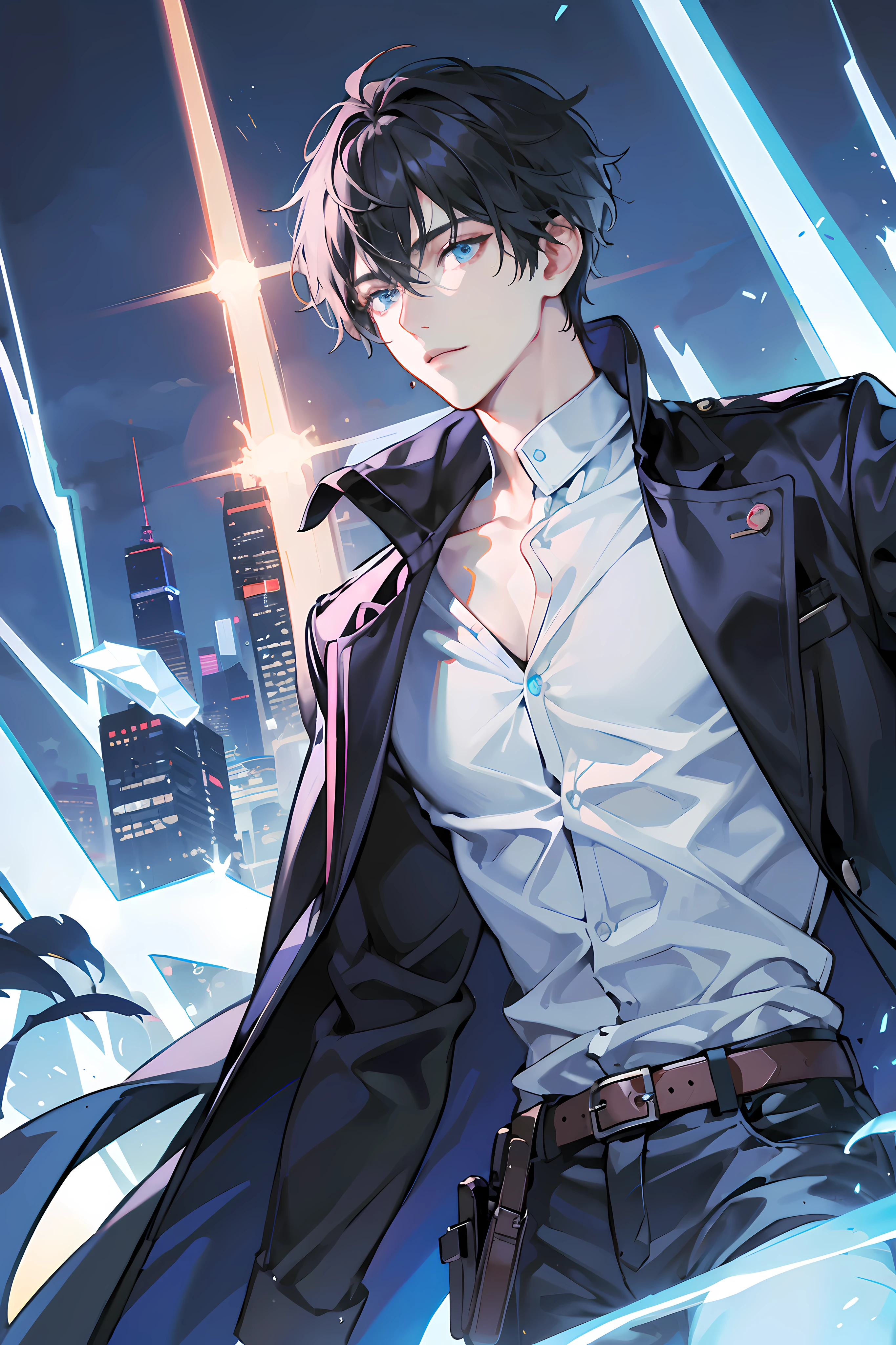 (absurdres, highres, ultra detailed, anime style), 1boy, adult, handsome, tall muscular guy, broad shoulders, finely detailed eyes, black hair, short hair, hair between eyes, crystal blue eyes, holographic, black coat, gun holster, chest strap, white shirt, portrait, intense run, speed, neon-lit night city, neon sign, skyscraper, Cyan, Magenta, (dutch angle), long face, closed mouth