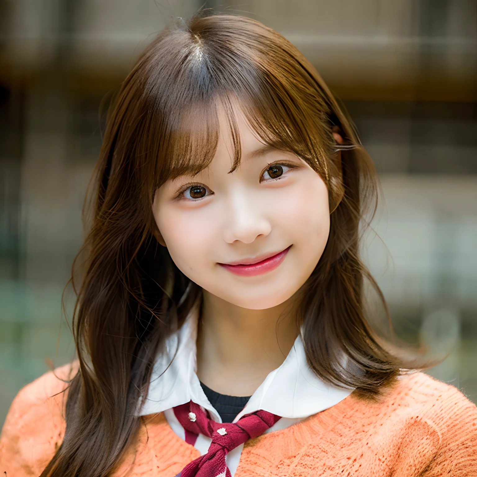 hi-school girl,校服,With short hair, young cute wan asian face, with round face, Coral Brown Hair, japanes,girl with, Gorgeous young Japan woman, she has long orange brown hair, cute - fine - face, tzuyu from twice, she is facing the camera,gently smiling