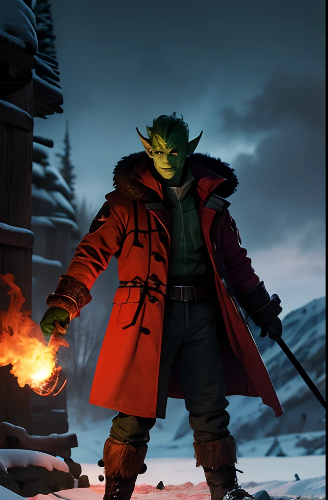 radioactive ectomorphic green goblin, glowing red, fortnight, male, tundra background, skinny figure, standing in snow, the goblin is warmly dressed (warm clothes) (medieval coat), ball of fire above the hand, detailed face, monster