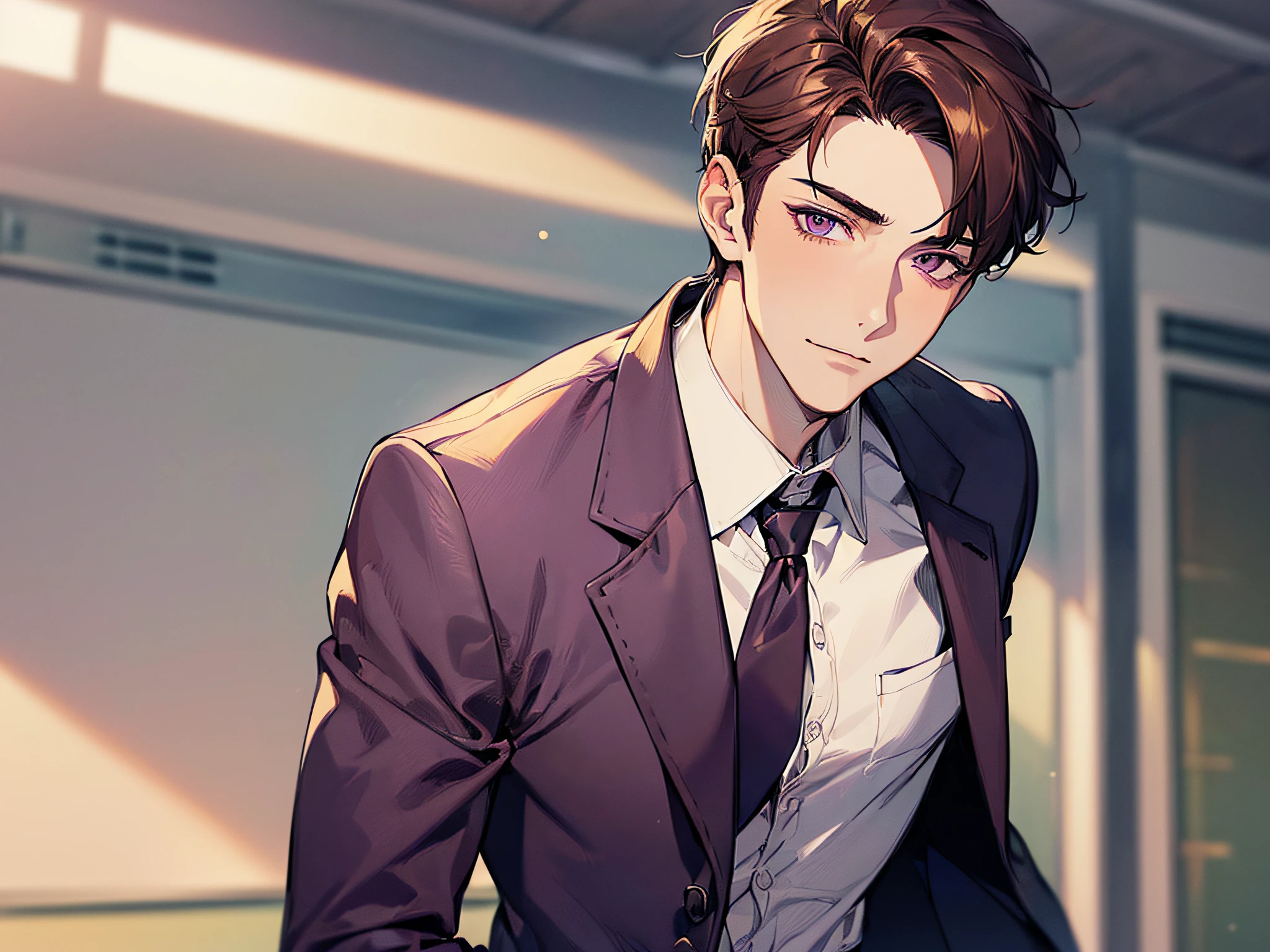 (((((solo)))),24-year-old boy, Warm skin, Pupil Purple, Mature Face, head portrait,,Male Focus, Looking at Viewer, upper body ,Brown hair, Short hair, Facial Focus, Adult, Business Suit, Jacket, White shirt, tie, Pants, Best Quality, Facial details.,‎Classroom,Sharp eyes