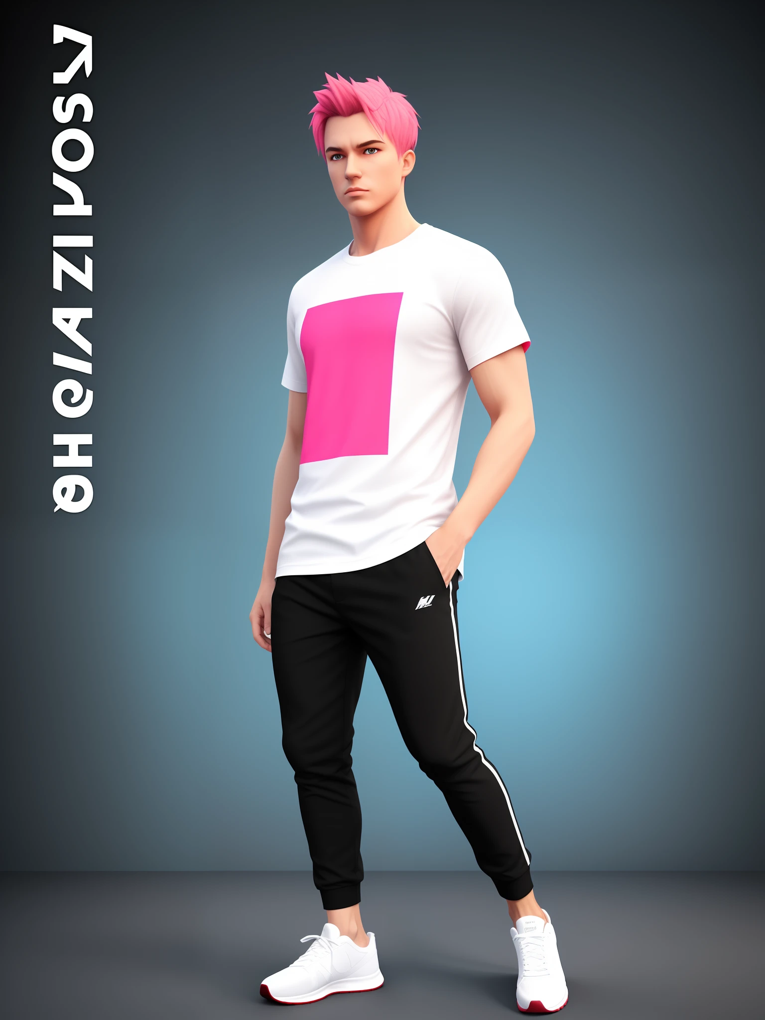 3d poster a character White man and pink hair and black t-shirt and pants and blue sneakers