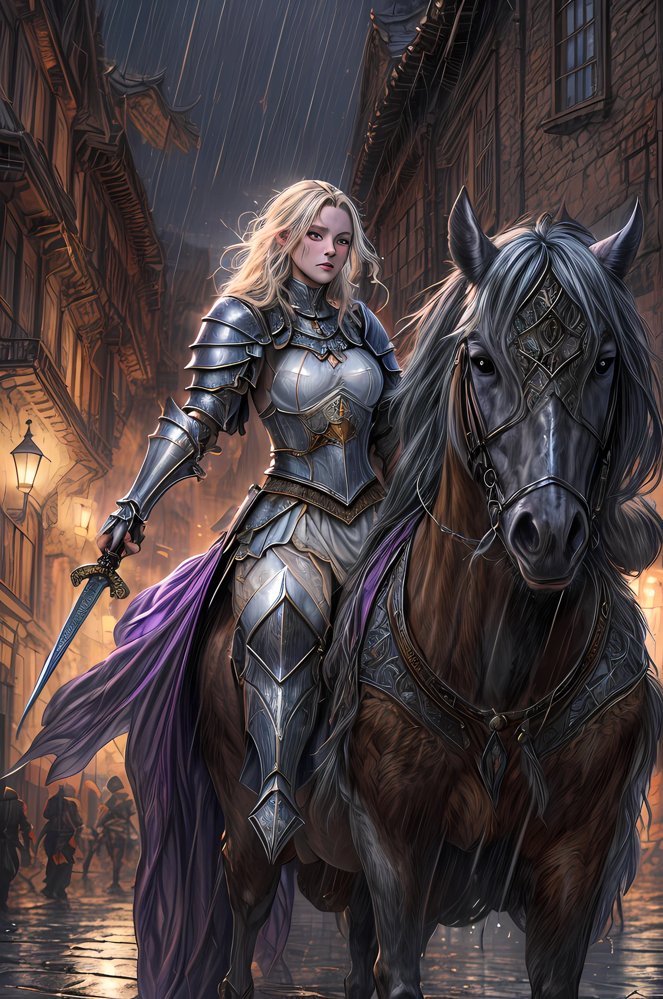 fantasy art, RPG art, high details, best quality, 16k, RAW, [best detailed], masterpiece, best quality, (extremely detailed), (full body: 1.2), ultra wide shot, photorealistic, a (noble woman knight: 1.3) rides his horse in the dark streets of a medieval town, its raining heavy rain, the rain drops on the noble knight, drops on the street, puddles in the street,  the  knight wears (heavy armor :1.3), (white armor: 1.3) , wearing (purple cloak: 1.3), beautiful woman knight, long hair, blond hair, braided hair, noble face, green eyes, armed with a (intricate sword: 1.3), the street is dark, lit by torches, a (fantasy temple: 1.2) in the background, fantasy urban town setting, cloudy night, full red moon,