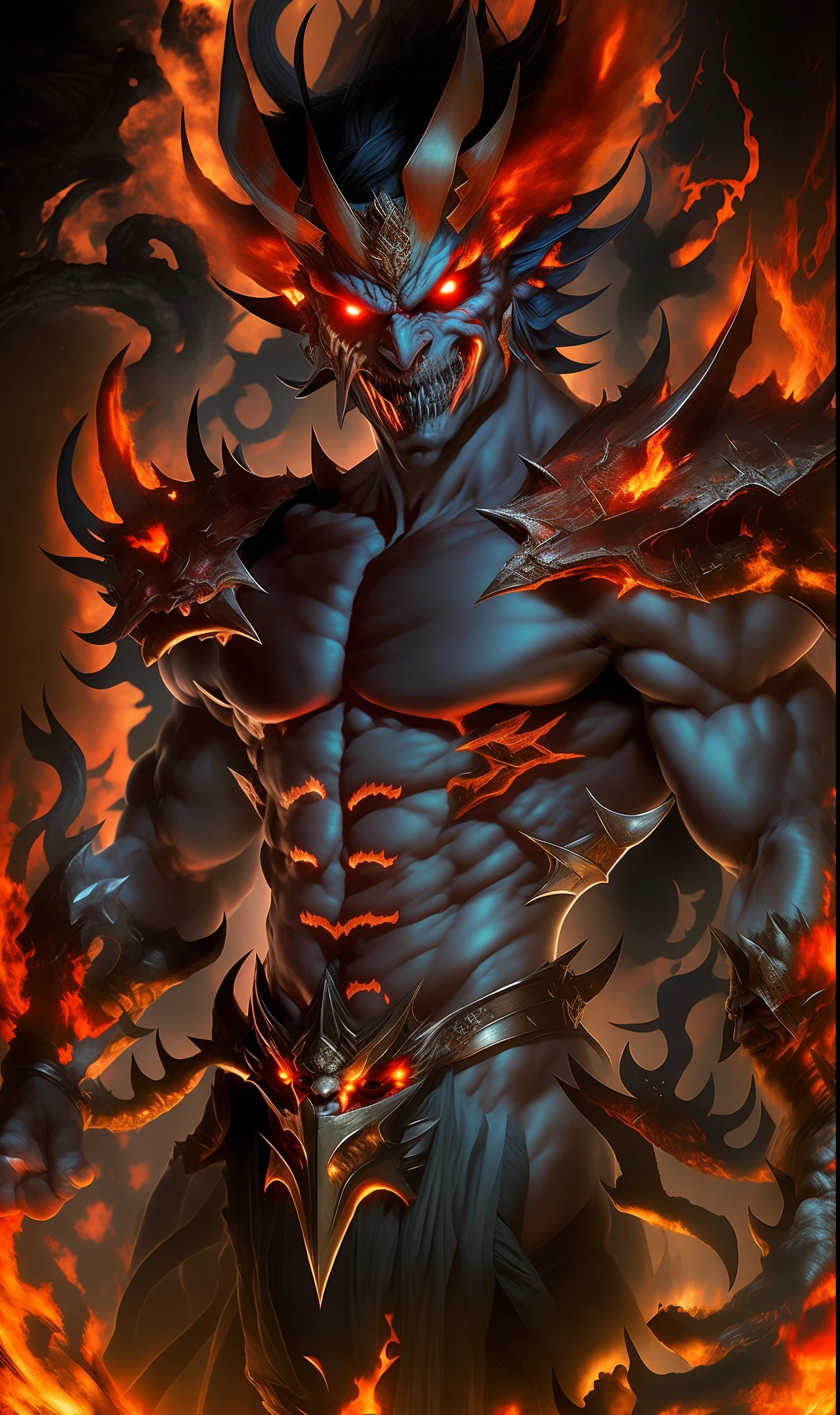 a close up of a demonic looking man with red eyes, demon male, fire demon, male djinn man demon hybrid, lord of cinder, djinn man male demon, muscled humanoid balrog demon, human male demon, ruler of inferno, man male demon, demon lord, demon berserker, full body savage devilman, demon armor