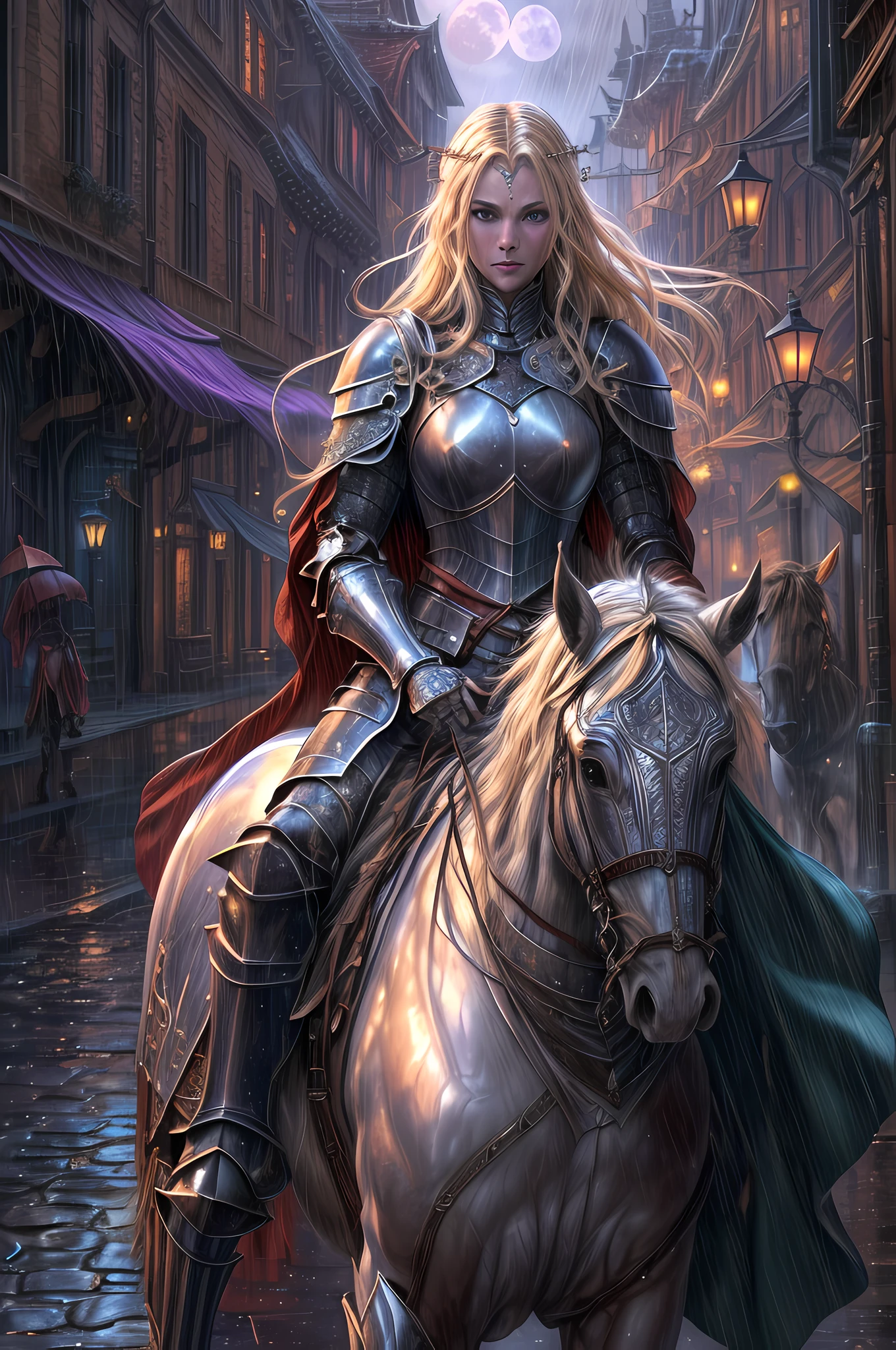 fantasy art, RPG art, high details, best quality, 16k, RAW, [best detailed], masterpiece, best quality, (extremely detailed), (full body: 1.2), ultra wide shot, photorealistic, a (noble woman knight: 1.3) rides his horse in the dark streets of a medieval town, its raining heavy rain, the rain drops on the noble knight, drops on the street, puddles in the street,  the  knight wears (heavy armor :1.3), (white armor: 1.3) , wearing (purple cloak: 1.3), beautiful woman knight, long hair, blond hair, braided hair, noble face, green eyes, armed with a (intricate sword: 1.3), the street is dark, lit by torches, a (fantasy temple: 1.2) in the background, fantasy urban town setting, cloudy night, full red moon,