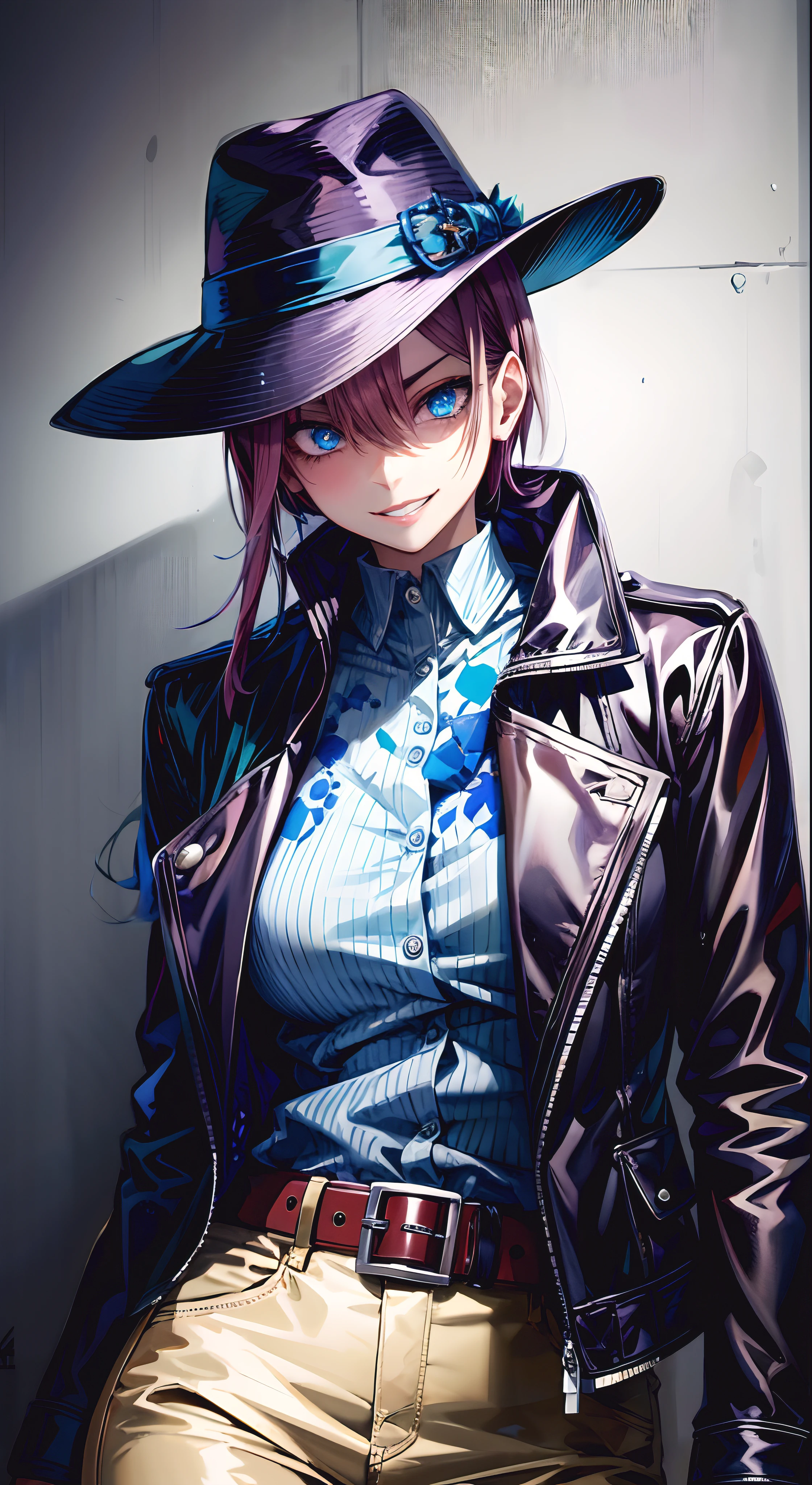 aaichika, short hair, (best quality,4k,8k,highres,masterpiece:1.2),1girl, hat, belt, pants, solo, earrings, belt_buckle, buckle, long_hair, looking_at_viewer, jewelry, black_jacket, leather, jacket, leather_jacket, turtleneck, closed_mouth, lips, cowboy_shot, jeans, breasts, standing,  buttons, denim