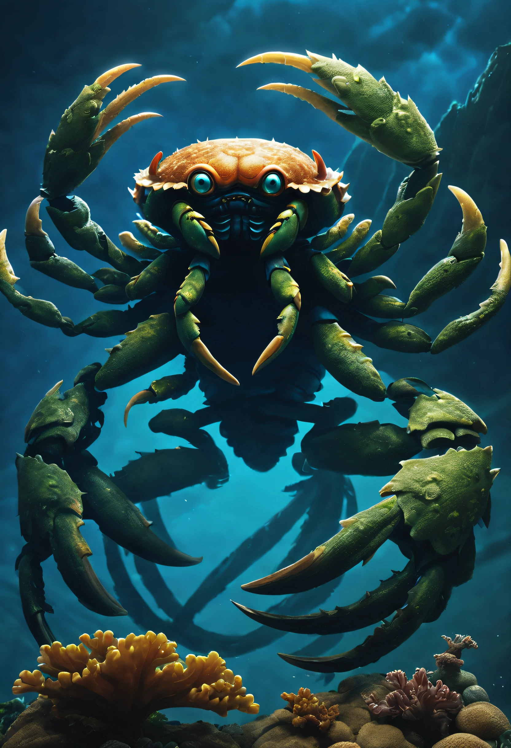 （A giant crab stares fiercely at people begging for help in the sky），（a creature 5 meters tall:1.0），（Huge white eyes are unusually bright：1.37）（The giant's thick legs stood on the reef） ，（The shell is dark green）， （Dark blue wide oval abdomen）, （Very hard and thick shell texture）， (There are a pair of large protruding compound eyes：0.8），（Unusually long and flexible antennae：1.1），（The length is about 1/3 The width of the crab's body：0.5） ，（There is a small pair of pliers on the top of the head），（Fresh fluff：0.8）， giant ethereal creature,The texture is clear， （People who ask for help：1.37），（Deep blue lightning thundering sky）， Background with：nebulous sky，（salama：1.1），（rough sea），（Greatwave），Recife， 真实感，Epic，ultraclear，afterimage, Dutch angle, From below, Sony FE GM, Chiaroscuro, Blurry, hyper HD, Masterpiece, Textured skin, Super detail, High details, High quality, Award-Awarded, Best quality, A high resolution, 8K，Epic，sci-fy，Futuristic fantasy，cotw，thriller