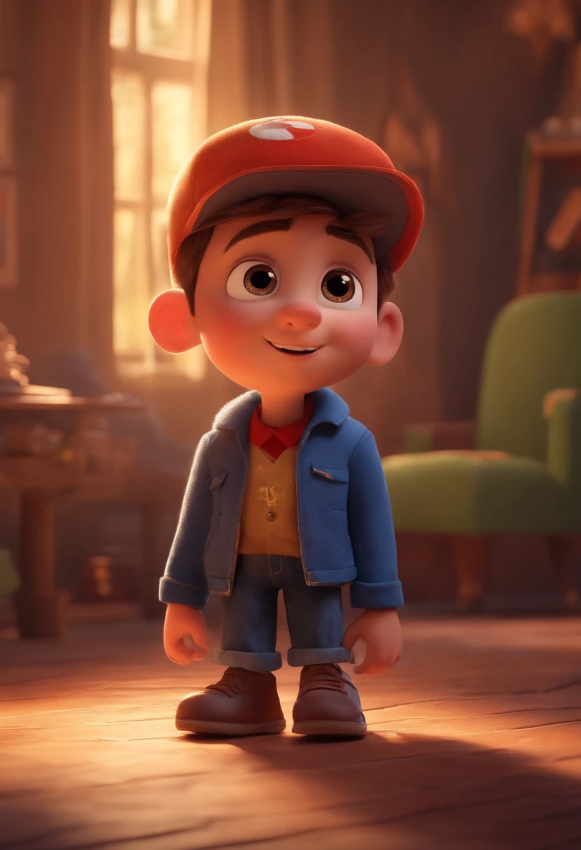 a happy cute ??? standing short hair, vestindo uma fantasia espacial, , fundo branco, barnet, Tom, Estilo Pixar, ....3d, desenhos animados, rosto detalhado, asymmetrical 16k e um menino moreno sentado no banco com a cachoeira la atras