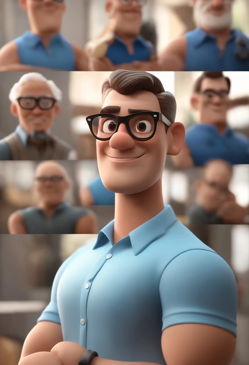 Cartoon character of a man wearing black glasses and a blue shirt, um personagem animado, Caractere estilizado, animation style rendering, 3D estilizado, Arnold Maya render, 3 d render stylized, toon render keyshot, Personagem 3D, Personagem 3D, 3d rendering stylized, 3 d character render, personagem de desenho animado, Personagem de close up, Pose de personagem, (Estilo Pixar) (master part:1.2) (Bokeh) (best quality) (pele detalhada) (textura detalhada) (8k) (argila) (Cinematic lighting) (foco nítido，Senta e vaza a parte superior do corpo