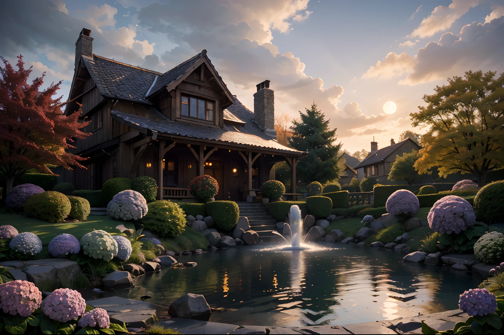 masterpiece, best quality, high quality, extremely detailed CG 8k wallpaper unit, scenery, outdoor, establishment, medieval tavern, autumn sky, autumn dusk, autumn-winter, overcast sky, big moon shining, award-winning photography, Depth of Field, HDR, flowers, water fountain, hydrangea, Photorealistic, extremely detailed, intricate, high detail, dramatic, art in the middle of the journey, trend in artstation, trend in CGsociety, chromatic aberration.