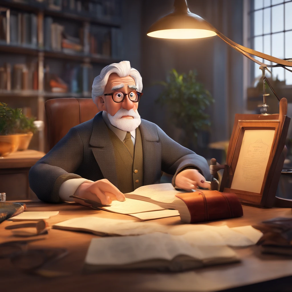 Crie um cartaz inspirado na Disney Pixar com o personagem sendo o pastor Rubens Janier, A gray-haired man wearing glasses, in an office with a Bible on the table, Looking forward and serious