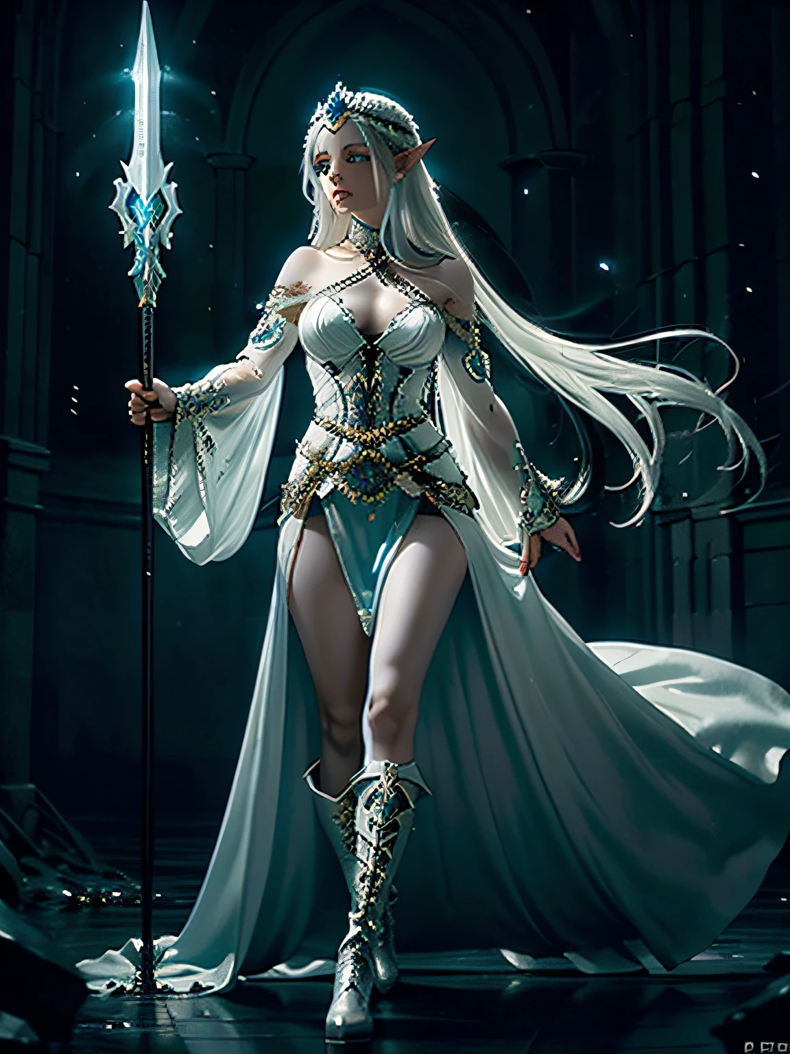 elf, Blue-eyed girl, Very long hair below the waist, pixie, A girl, a goddess, Goddess of Magic, White long hair, Cyan eyes, Youthful appearance, Attractive cute appearance, Short clothes with metal embellishments, Battle Dress, White dress with black embellishments, Divine Dress, open shoulders, Long wide sleeves, open thighs, Boots with decorations, Mini Dress, dress with metal, white eyelashes, Beautiful Magic Open Dress, design, polearm, Magic Spear, ice, Magic, Fantasy, Medieval times, Stone Dark Room, darkness, beautiful look, Emotionless face, Severity, Cold, Cold lighting, in full height, in a dancing pose, water, ominous vibe, Evil Is Everywhere, duplicity