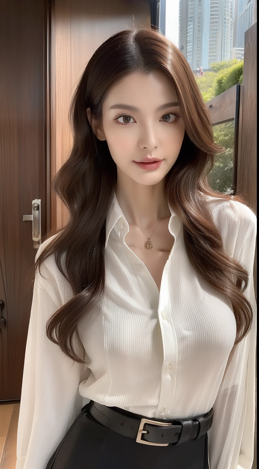 (Best quality, High resolution, Masterpiece :1.3), A tall and pretty woman, Slender abs, Dark brown hair styled in loose waves, Breasts, Wearing pendant, White button up shirt, Belt, Black skirt, (Modern architecture in background), Details exquisitely rendered in the face and skin texture, Detailed eyes, Double eyelid