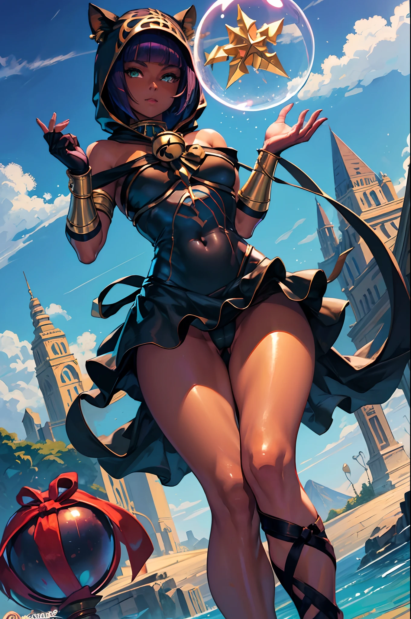 Masterpiece, best quality, absurdres, 1girl, beautiful legs, menat_holiday, crystal ball, light smile, dark skin, Green eyes, egyptian, bob cut, red dress, black hood, black gloves,shiny thighs,, tail, bell, bare shoulders,thighs,close up,inner thighs,solo,panty shot