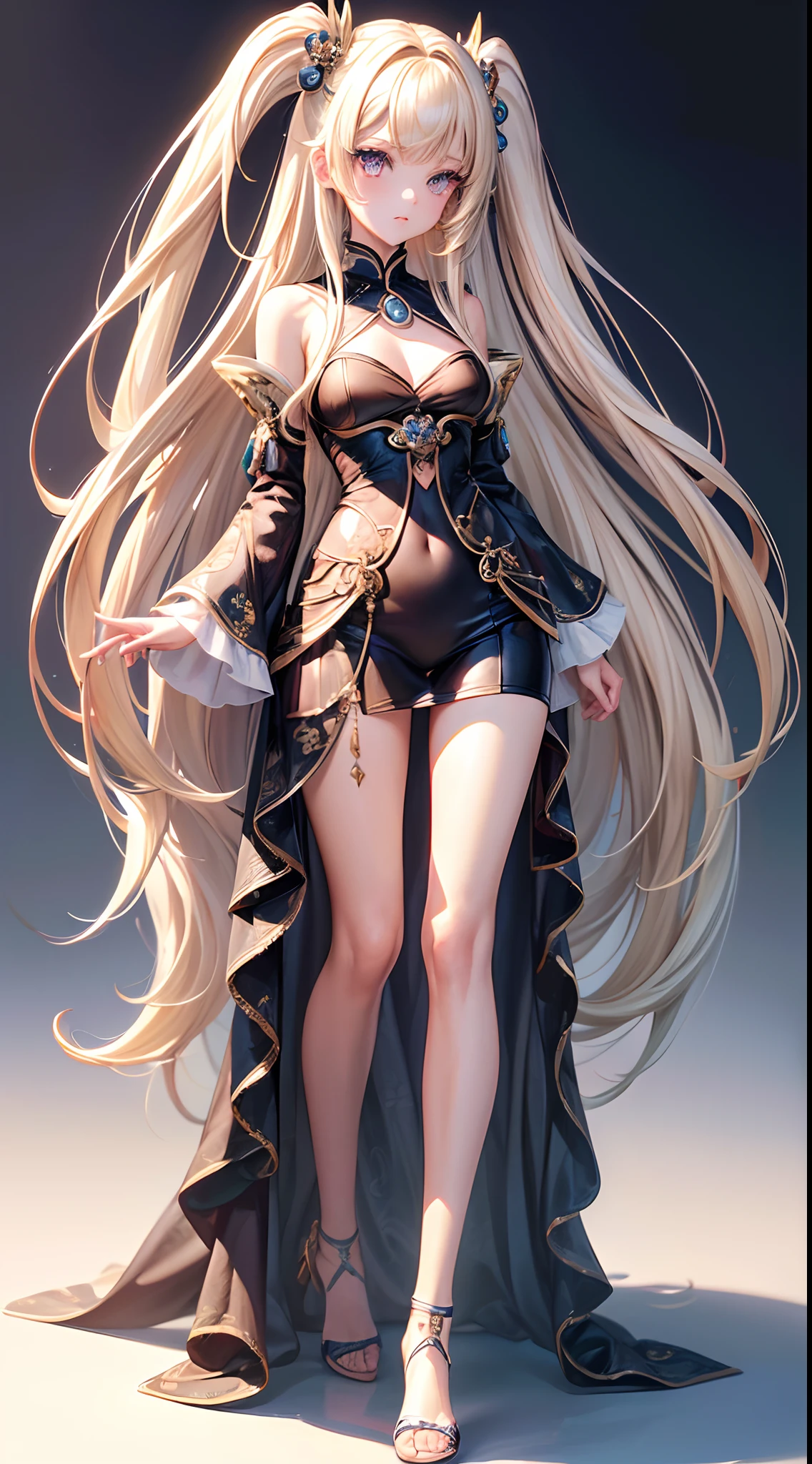 ((Best Quality)), (ultra-detailliert), ((Extremely detailed)), (Beautiful), ((Kawaii Girl)), ((UHD)), (masterpiece), (high quality), (best quality), (4K), (high quality), 1, solo girl, one girl, (hair two side up long), (hair intakes), long hair, parted bangs, (platinum blond hair), ((jade colored eyes)), tsurime, medium breasts, slender body, paint right up to the tip of the head,((transparent background)),(solo),standing,(wearing shoes on feet),((is wearing Idol Costumes)),good girl, beautiful detailed eyes,good looking,((an extremely delicate and beautiful)),make the eyes the same shape and color on both sides, anime style