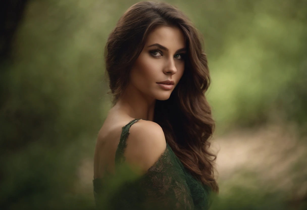 highly detailed, seductive erotic female (busty, brown hair, green eye), centered on the face, face focused, she wears black lingerie.