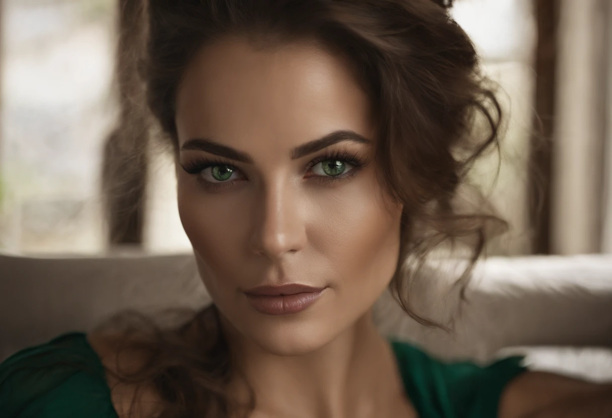 highly detailed, seductive erotic female (busty, brown hair, green eye), centered on the face, face focused, she wears black lingerie.