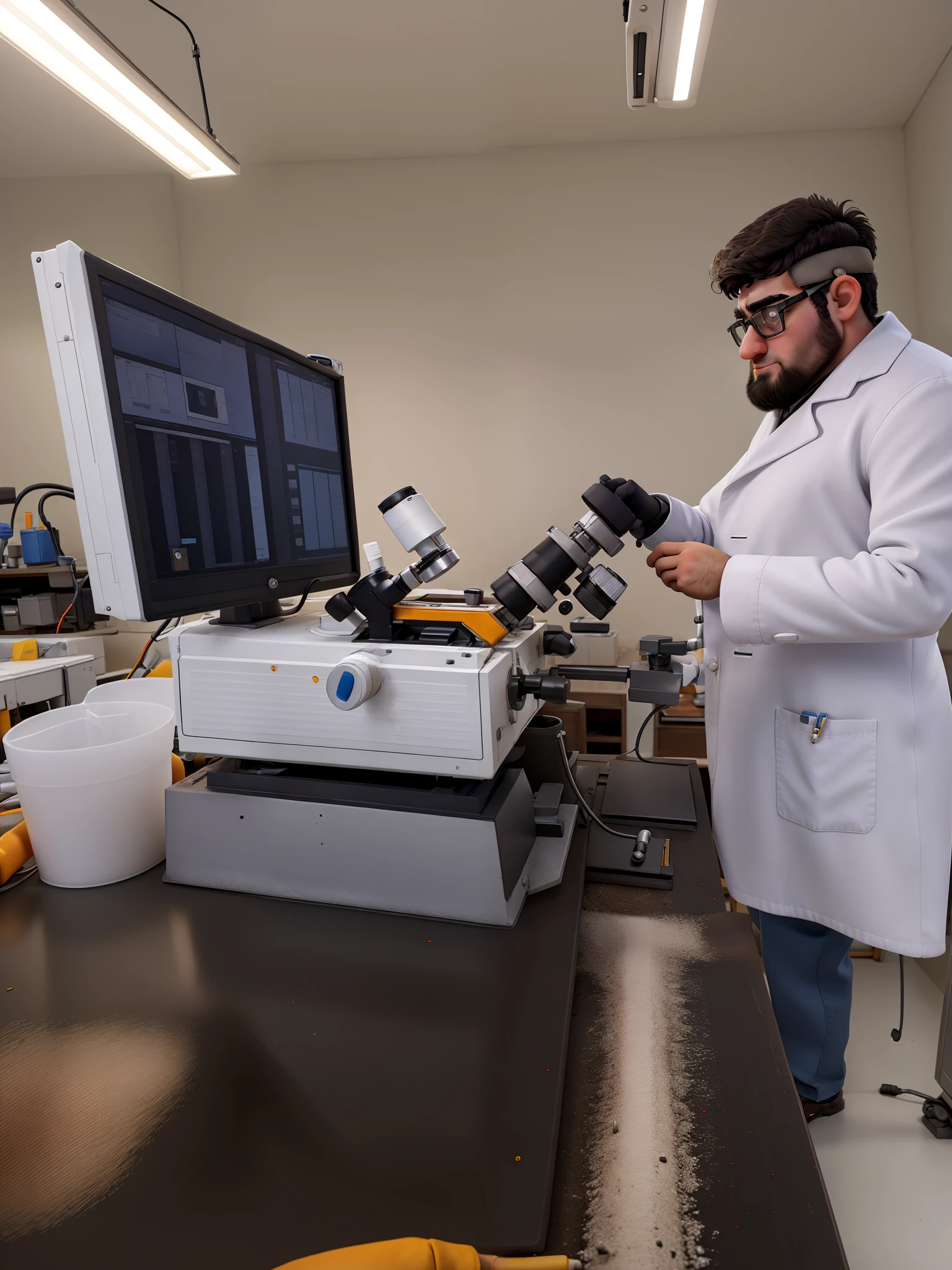 serious man, Engineer repairing microscopes wearing white coat and surgical glove.
