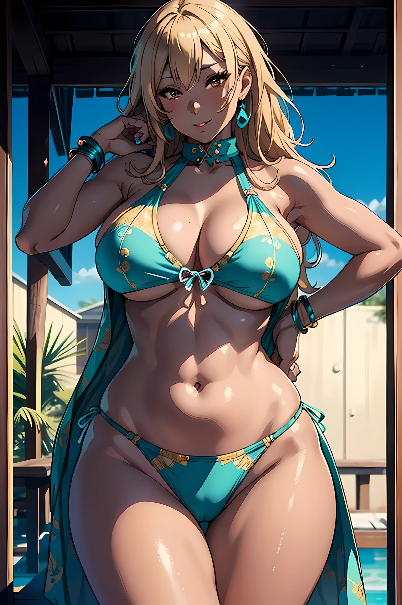 Very detailed 8k wallpaper, best quality, mature gyaru woman, large breasts, very curvy, dark brown skin, blond hair with turquoise highlights, detailed brown eyes, detailed full lips, seductive, smiling, white sexy bikini, arms behind head