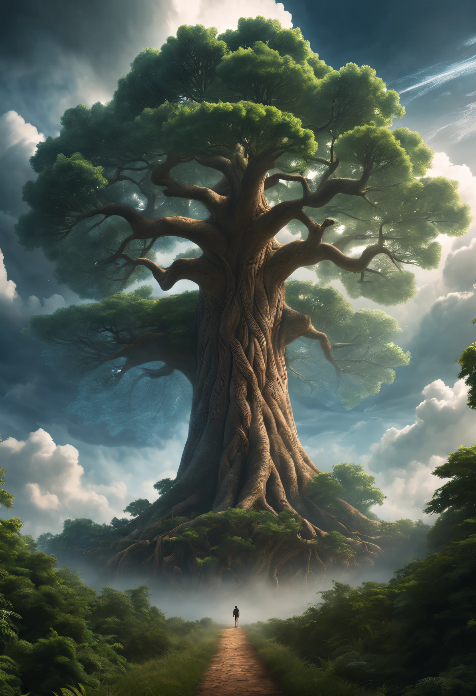 (Best quality, 4K, 8K, A high resolution, Masterpiece:1.2), Ultra-detailed, (Realistic, Photorealistic, photo-realistic:1.37),A giant tree of life breaks through the clouds,ultra-realistic realism,Epic dreams,Beautiful sci-fi art,science fiction digital art,