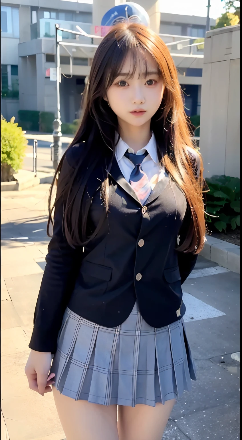 mix4, (16 K, Raw photography, Top image quality, masterpiece: 1.45), (realisitic, Photorealsitic: 1.37), one girls, cute little, A city scape,, profetional lighting, photon maping, school classrooms, physically-based renderingt, dark brown hair,pony tail hairstyle, Well-groomed and beautiful eyes、((二重まぶた))、Transcendent Cute Girl, (((student clothes、blazers、Long sleeve shirt worn by Japan high school girl、Ribbon Ties、Dark blue mini skirt,、Dark blue socks、Black loafers))), Top Quality Photos, hight resolution, 1080p, (clearface), (Detailed face description), (Detailed hand description), (masterpiece), (Exquisite CG)、extreme light and shadows、dishevled hair、master work、abundant detail、(Fine facial features)、(top quality photo)、(masuter piece)、(A detailed eye)、Look in front of you、Fine clavicle、((Slender big))、(((Japan schoolgirls wear jackets and long-sleeved shirts)))、((Neat and clean idol))、((School Gate、school ground、School building in the background))、(Shooting from random perspectives)、(((Anyway cute)))、耳Nipple Ring、A big smile、Drawing the whole body from the knees、Do not draw nasolabial folds、(((Sports bags used by Japan schoolgirls)))、(Big breasts that hang down big:1.2)、Big buttocks with tension、Two arms and two legs、(((from the front side:0.7)))、bare hand、(((Left and right symmetrical eyes)))、Standing Pose、Put your hands on your desk、Do not take the tie out of the jacket、Raise your buttocks:1.5,barebacked:1.5,