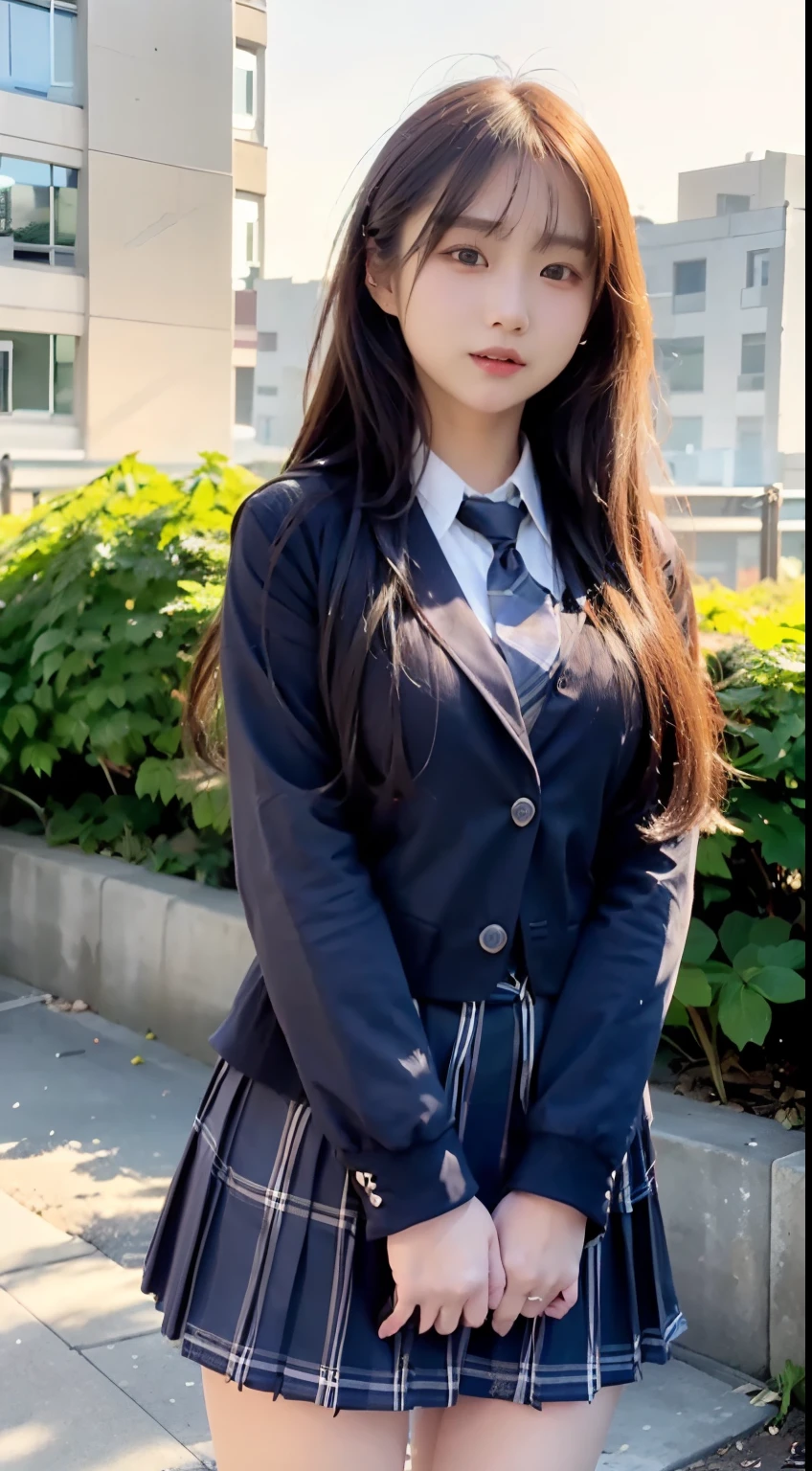 mix4, (16 K, Raw photography, Top image quality, masterpiece: 1.45), (realisitic, Photorealsitic: 1.37), one girls, cute little, A city scape,, profetional lighting, photon maping, school classrooms, physically-based renderingt, dark brown hair,pony tail hairstyle, Well-groomed and beautiful eyes、((二重まぶた))、Transcendent Cute Girl, (((student clothes、blazers、Long sleeve shirt worn by Japan high school girl、Ribbon Ties、Dark blue mini skirt,、Dark blue socks、Black loafers))), Top Quality Photos, hight resolution, 1080p, (clearface), (Detailed face description), (Detailed hand description), (masterpiece), (Exquisite CG)、extreme light and shadows、dishevled hair、master work、abundant detail、(Fine facial features)、(top quality photo)、(masuter piece)、(A detailed eye)、Look in front of you、Fine clavicle、((Slender big))、(((Japan schoolgirls wear jackets and long-sleeved shirts)))、((Neat and clean idol))、((School Gate、school ground、School building in the background))、(Shooting from random perspectives)、(((Anyway cute)))、耳Nipple Ring、A big smile、Drawing the whole body from the knees、Do not draw nasolabial folds、(((Sports bags used by Japan schoolgirls)))、(Big breasts that hang down big:1.2)、Big buttocks with tension、Two arms and two legs、(((from the front side:0.7)))、bare hand、(((Left and right symmetrical eyes)))、Standing Pose、Put your hands on your desk、Do not take the tie out of the jacket、Raise your buttocks:1.5,barebacked:1.5,