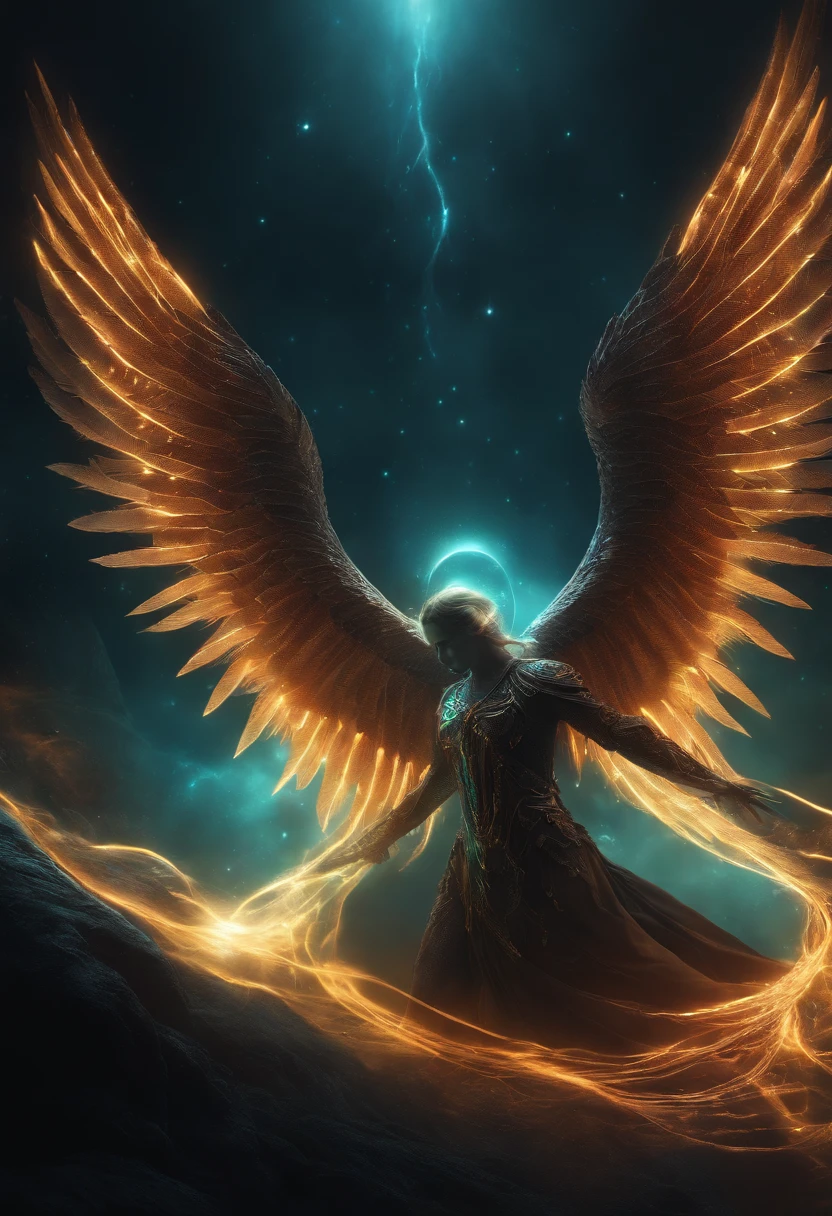 Cosmic Fallen Angel, glowing light eyes, Biomechanical, eerie, Creepy, nightmarish, Very bright colors, Light particles, with light glowing, Mshiff, wallpaper art, UHD wallpaper