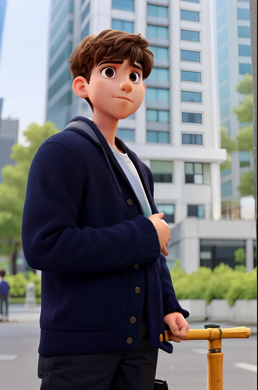 A boy with his arms crossed in a big city, Of a stick