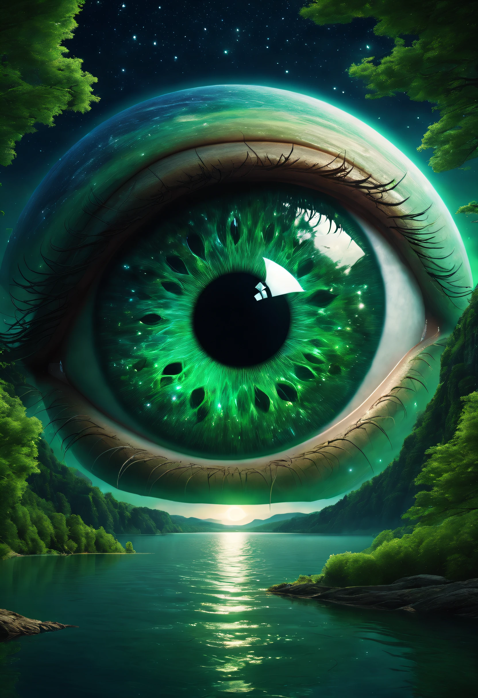 A huge eye，Inside is a lake full of magic ,  Very high quality and very detailed scenes , rendering by octane, Starry sky , Dreams , Huge green moon , Stream of Heaven , Inspiration, imagination