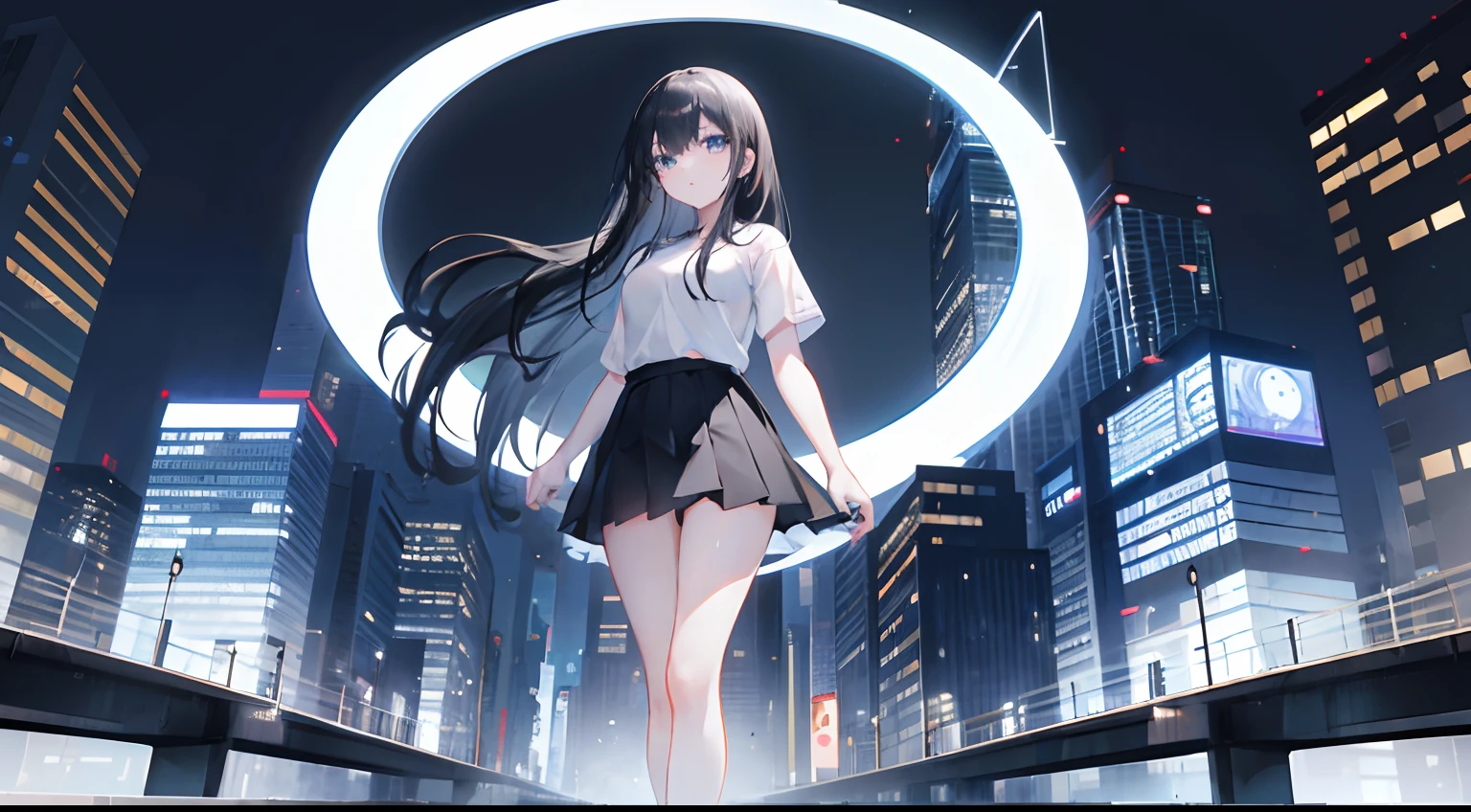 1girl, long black hair, blue eyes, wearing plain white shirt, short skirt, city, absurdres, high res, ultrasharp, 8K, masterpiece, looking at viewer