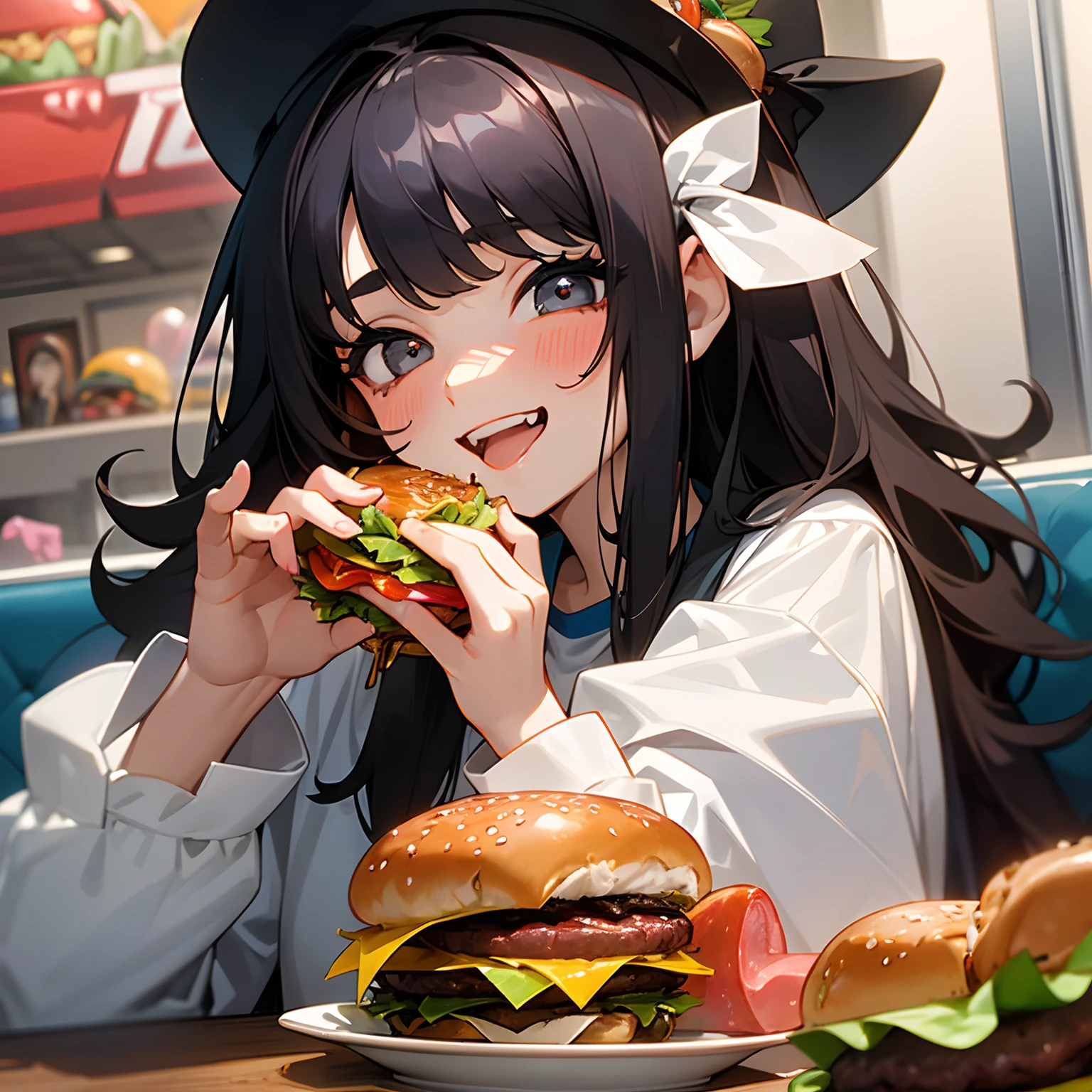 1 beauty, 17 year old woman, Watery Big Eyes，(Happy smile)，long eyelasher, Blushlush，Black Perm Hair,At the table in a fast food restaurant, (Smile and open your mouth wide), ((Gnawing on a grabbed hamburger with both hands)),(Eat cleanly)