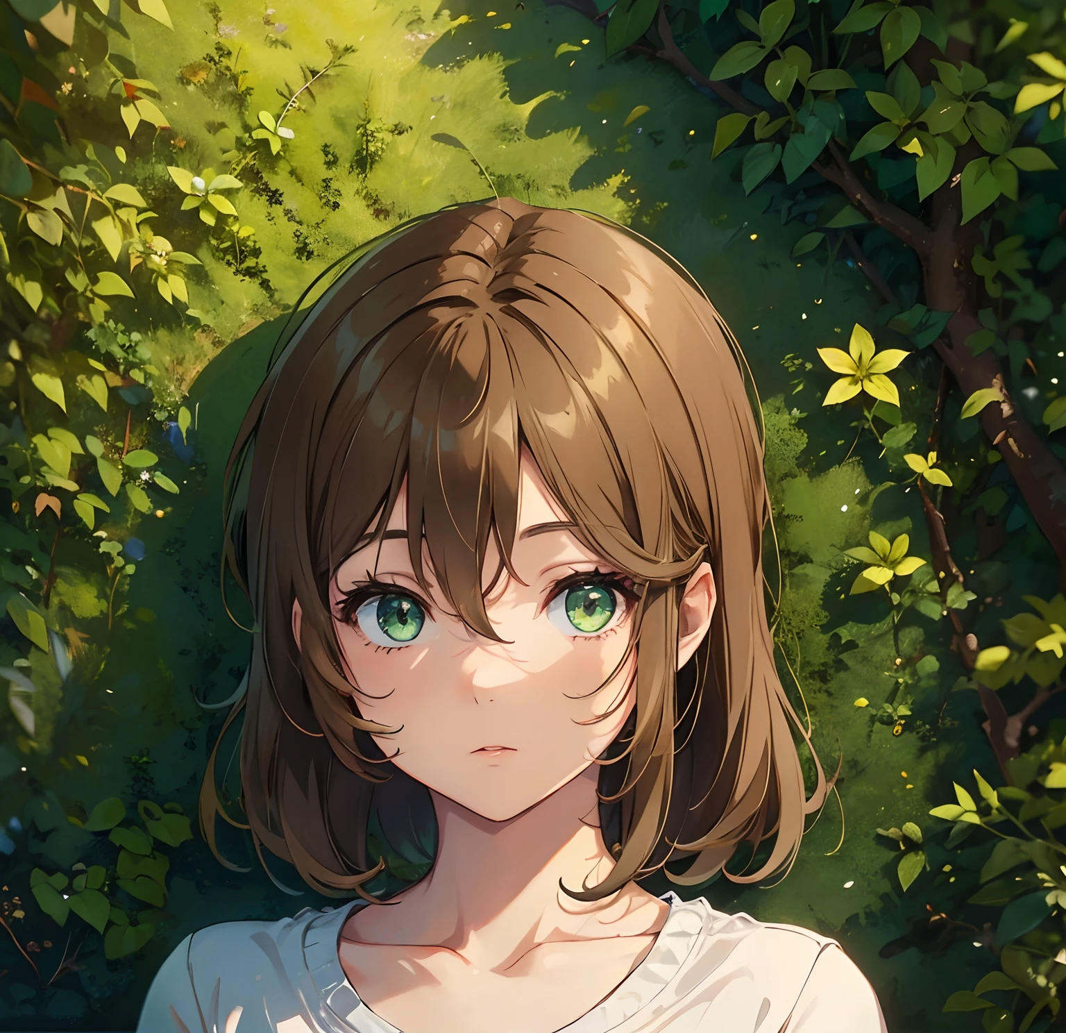 1girl, light brown hair, green eyes, short hair, looking away, casual outfit, simple background, 8k, high quality, masterpiece,