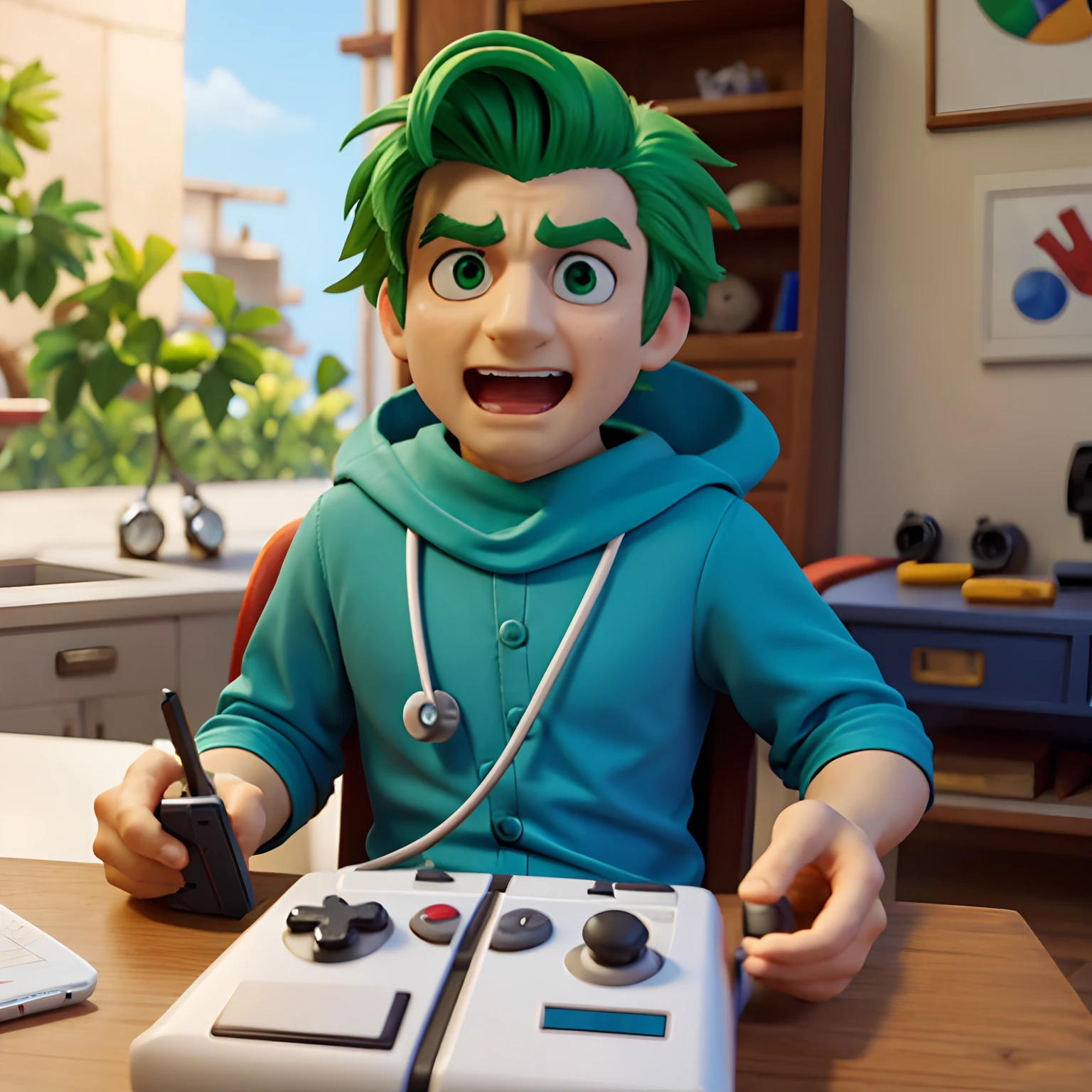 Doctor Man Playing Video Game, olhos verdes, Feliz