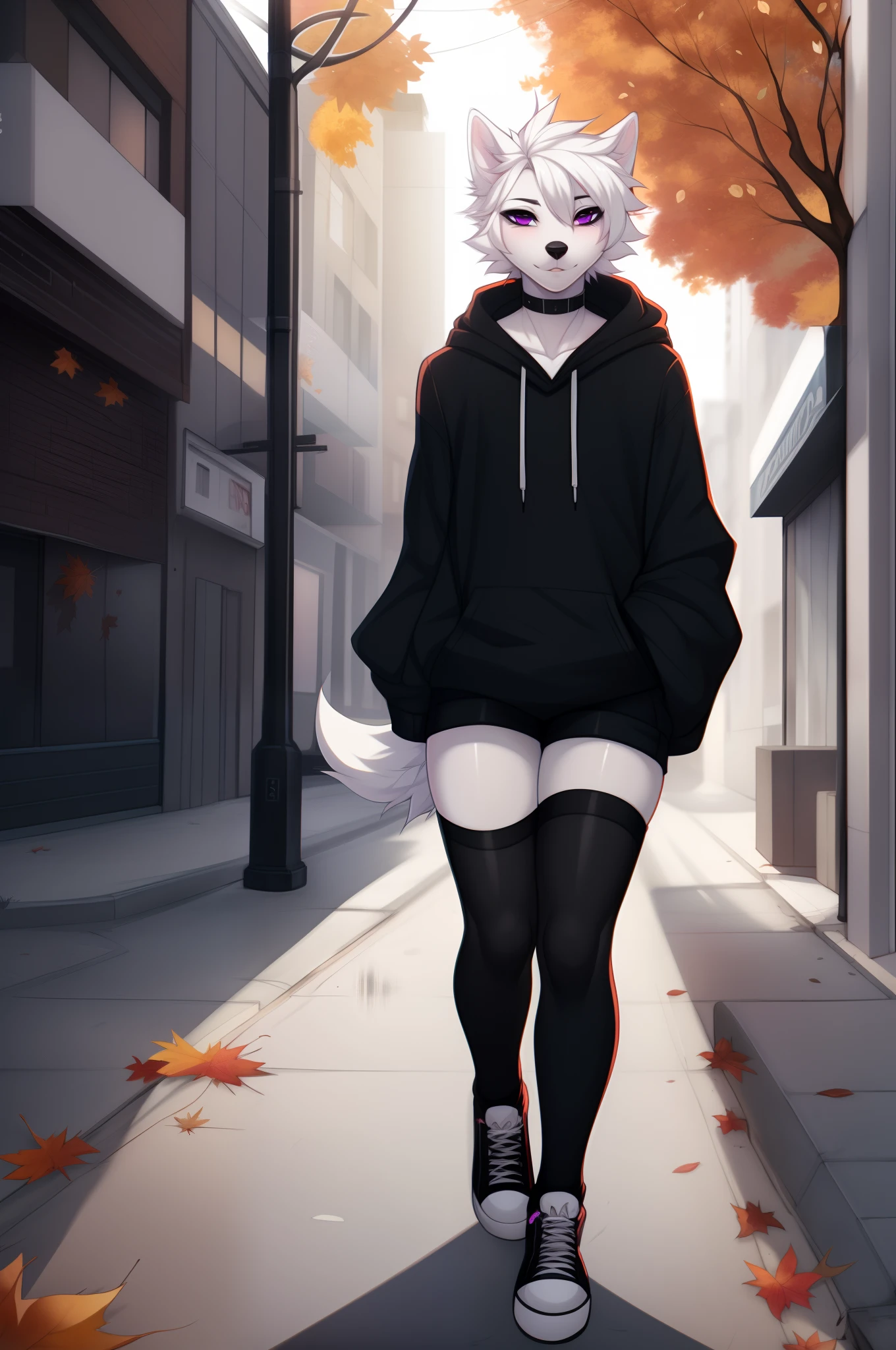 Solo, white male wolf, All white furry body, purple eyes, white wolf tail, short white hair, feminine, slender body, femboy, wearing big pink baggy hoody, black shorts, long black thigh high socks, converse shoes, walking, outdoors, urban setting, soft lighting, autumn season, high definition, 4k hd, by fumiko, by hyattlen, by claweddrip,