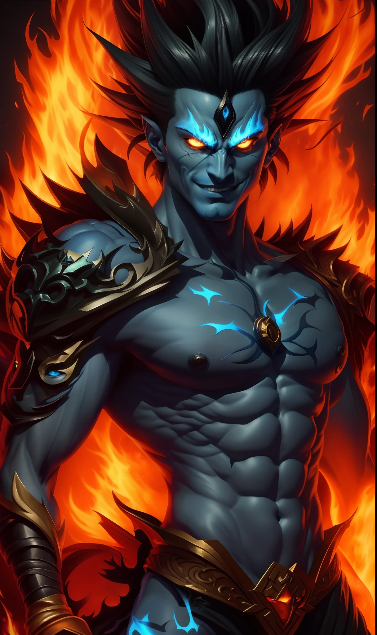 a close up of a man with a fire face and a sword, male djinn man demon hybrid, djinn man male demon, demon male, human male demon, blue djinn, extremely detailed artgerm, artgerm detailed, djinn human hybrid, ne zha from smite, man male demon, fire demon, portrait of hades, full art