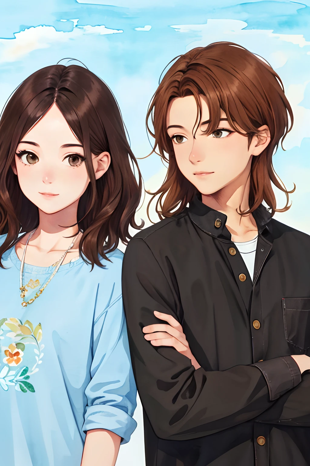 Semi-realistic, 2.5D, detailed, flat color only, illustration, line art, watercolor, highest quality,
Detailed background, 2 people, 1 man (open forehead, short hair, black hair) and 1 woman (brown hair, long hair) euro_street people, random_wear people,