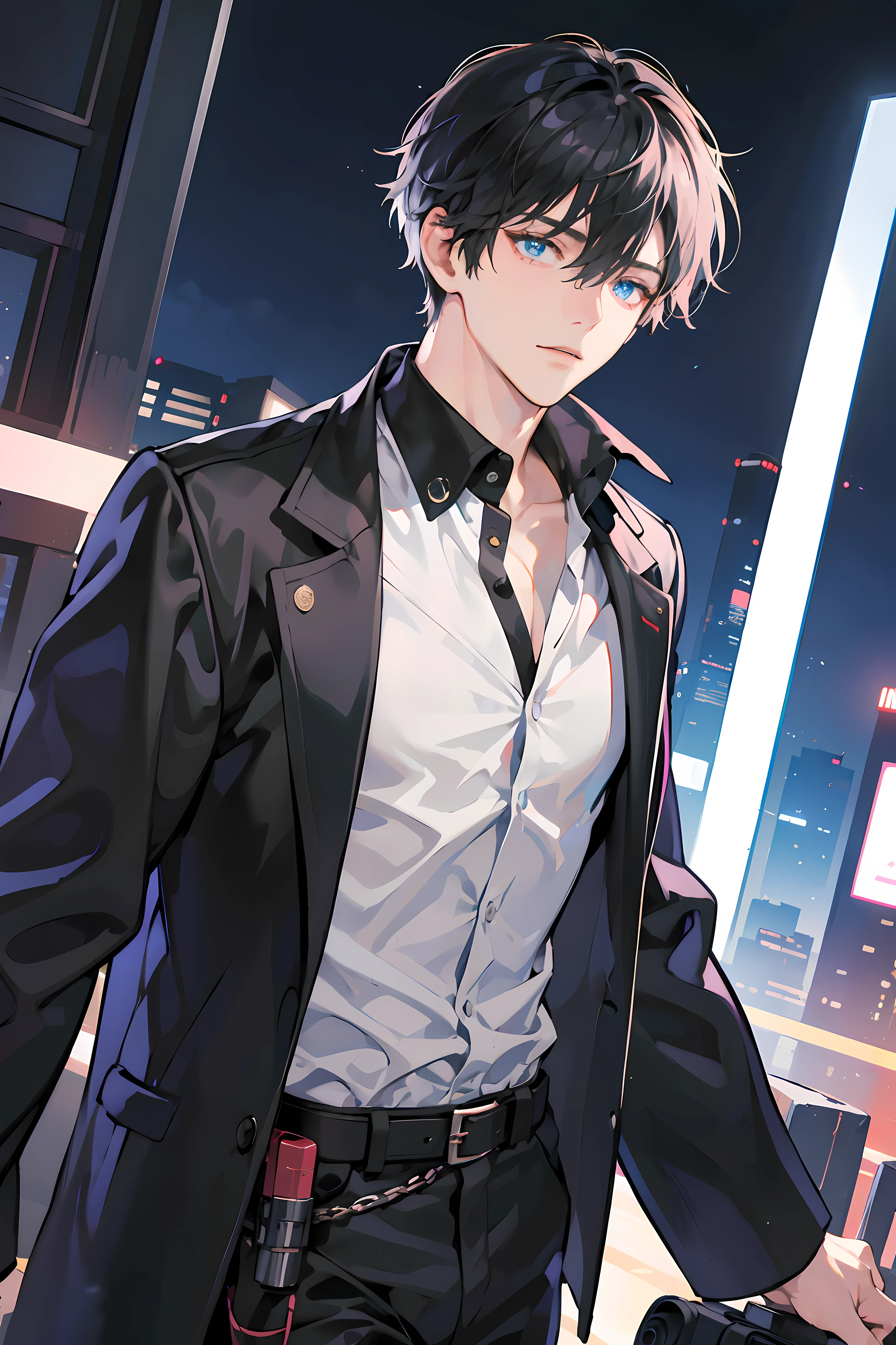 (absurdres, highres, ultra detailed, anime style), 1boy, adult, handsome, tall muscular guy, broad shoulders, finely detailed eyes, black hair, short hair, hair between eyes, crystal blue eyes, holographic, black coat, gun holster, chest strap, white shirt, portrait, intense run, speed, neon-lit night city, neon sign, skyscraper, Cyan, Magenta, (dutch angle), long face, closed mouth
