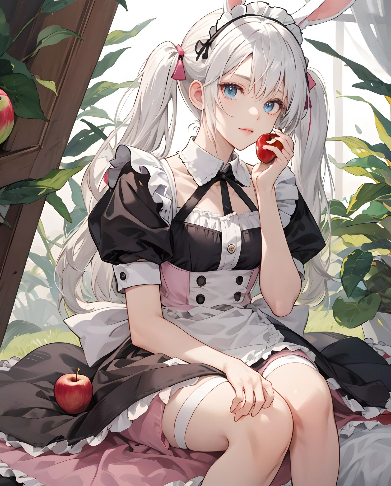 White-haired half-twin tails
Bangs Patsun
Unfussy eyes
illustration
Eye color: Pale pink
Maid Outfit
Apples at one point
Rabbit ears