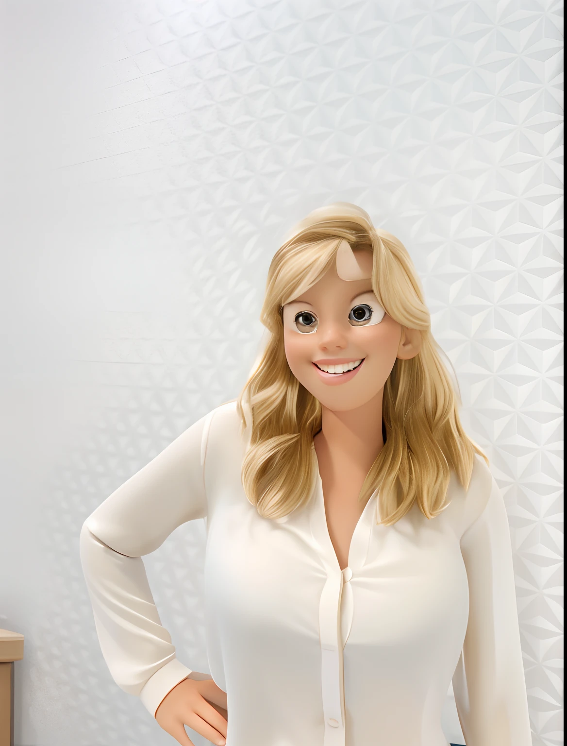 Generate a Disney 3D Pixar style of a smiling woman with blonde hair thrown to the right side of the image, she has brown eyes, she is wearing a white shirt, high definition image, 8K