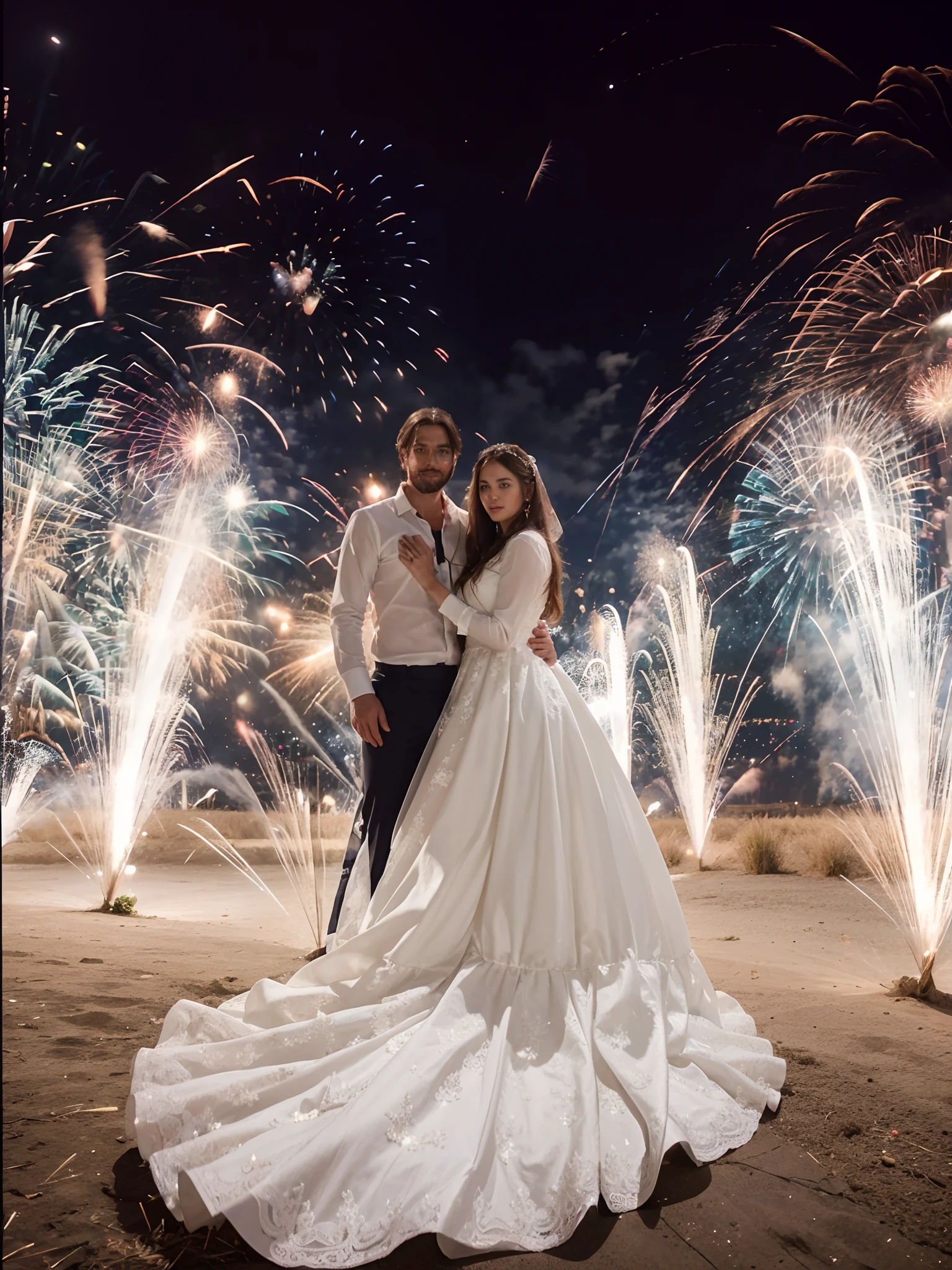 wedding, Long dress with train, A girl of European appearance, Long hair of a girl , Long veil, adult man, The man wears a white long-sleeved shirt, couple, Wedding photo, Photo Enhancement, foto realista, beste-Qualit, 4k quality, Fireworks on the background,