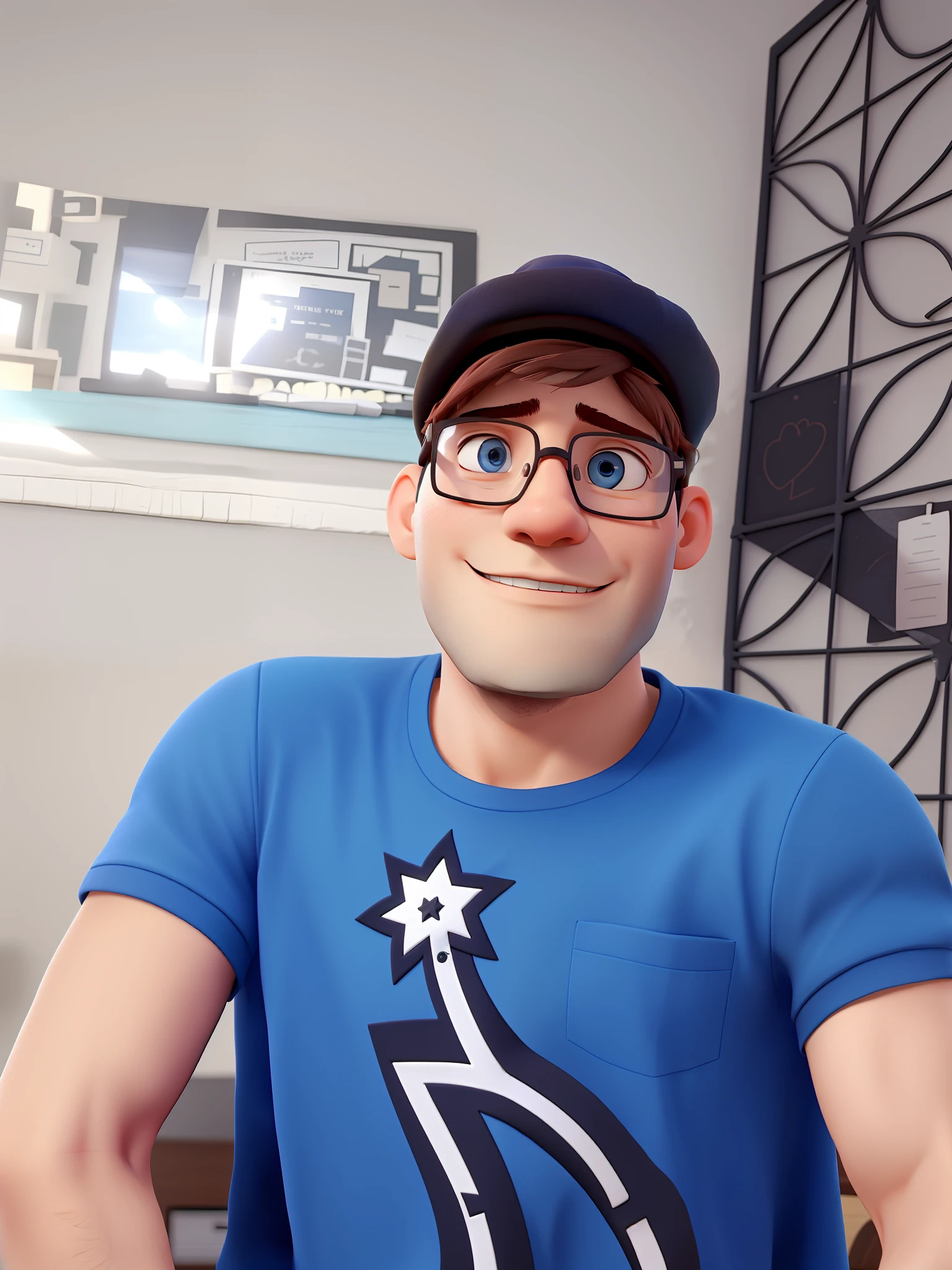 A man in glasses and a dark hat and a blue shirt