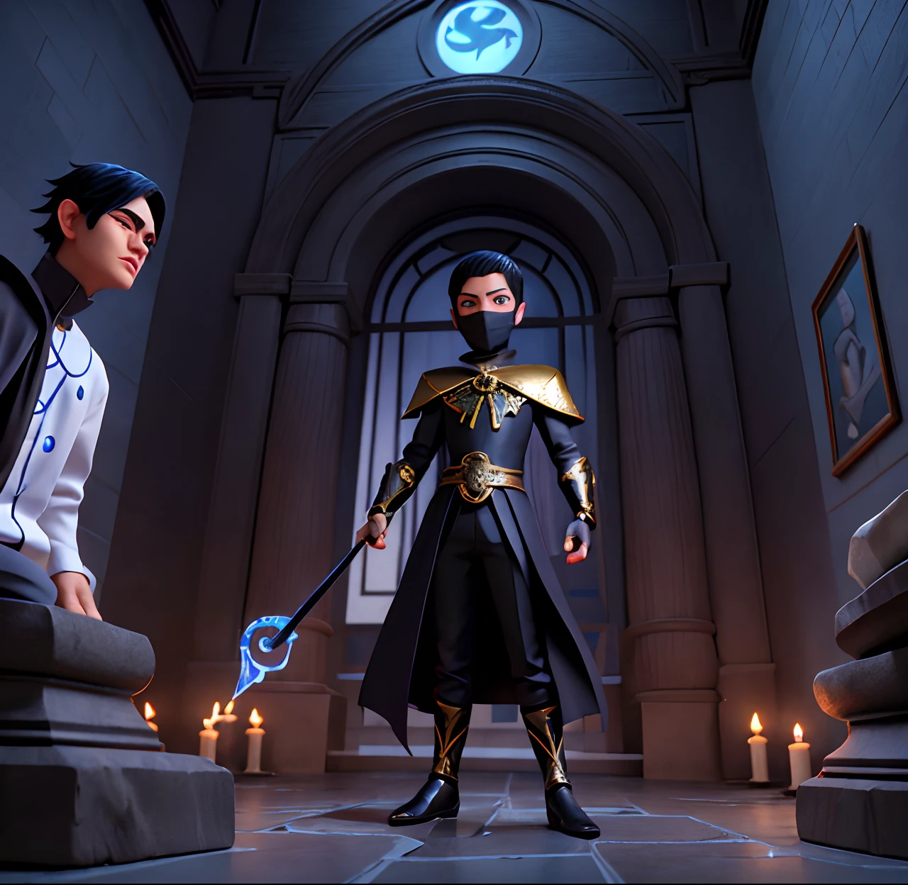 Criar a imagem de um menino de 20 anos, Thai, Handsome, que tem olhos prateados e brilhantes, He's a sorcerer, Do Narix para cima, He wears a black mask and wears black gala clothes, Behind him, getting up at night, has a Victorian stone mansion. cena noturna