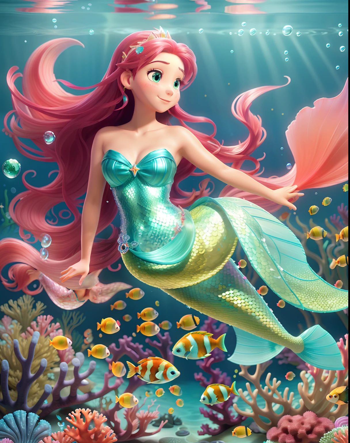 a beautiful mermaid, underwater scenery, colorful coral reef, flowing seaweed, sparkling sunlight, shimmering scales, long flowing hair, sparkling eyes, graceful tail, tropical fish swimming around, floating bubbles, serene and tranquil atmosphere, vibrant colors, realistic and detailed artwork, high-resolution masterpiece.