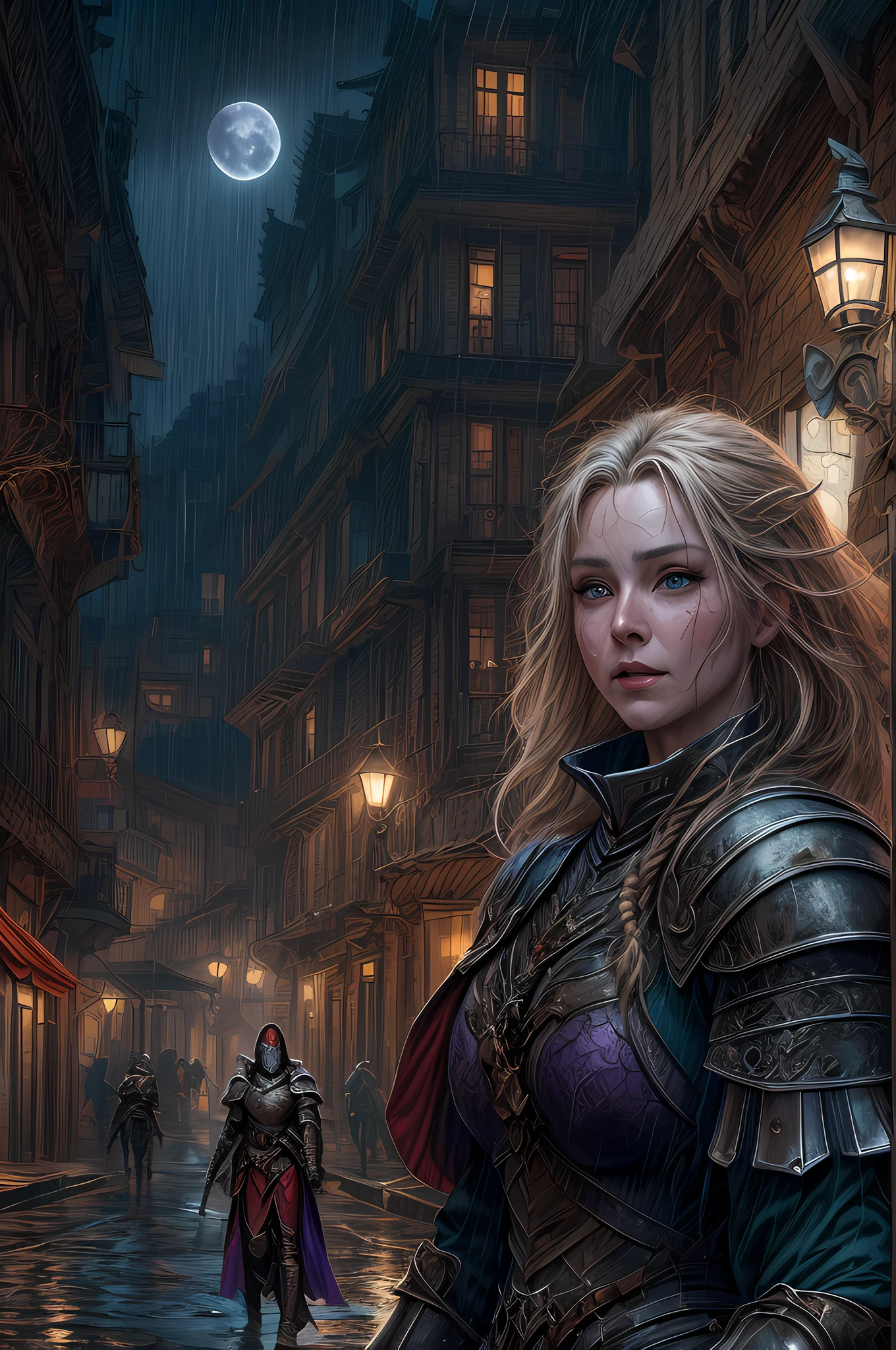 fantasy art, RPG art, high details, best quality, 16k, RAW, [best detailed], masterpiece, best quality, (extremely detailed), (full body: 1.2), ultra wide shot, photorealistic, a (noble woman knight: 1.3) rides his horse in the dark streets of a medieval town, its raining heavy rain, the rain drops on the noble knight, drops on the street, puddles in the street,  the  knight wears (heavy armor :1.3), (white armor: 1.3) , wearing (purple cloak: 1.3), beautiful woman knight, long hair, blond hair, braided hair, noble face, green eyes, armed with a (intricate sword: 1.3), the street is dark, lit by torches, a (fantasy temple: 1.2) in the background, fantasy urban town setting, cloudy night, full red moon,