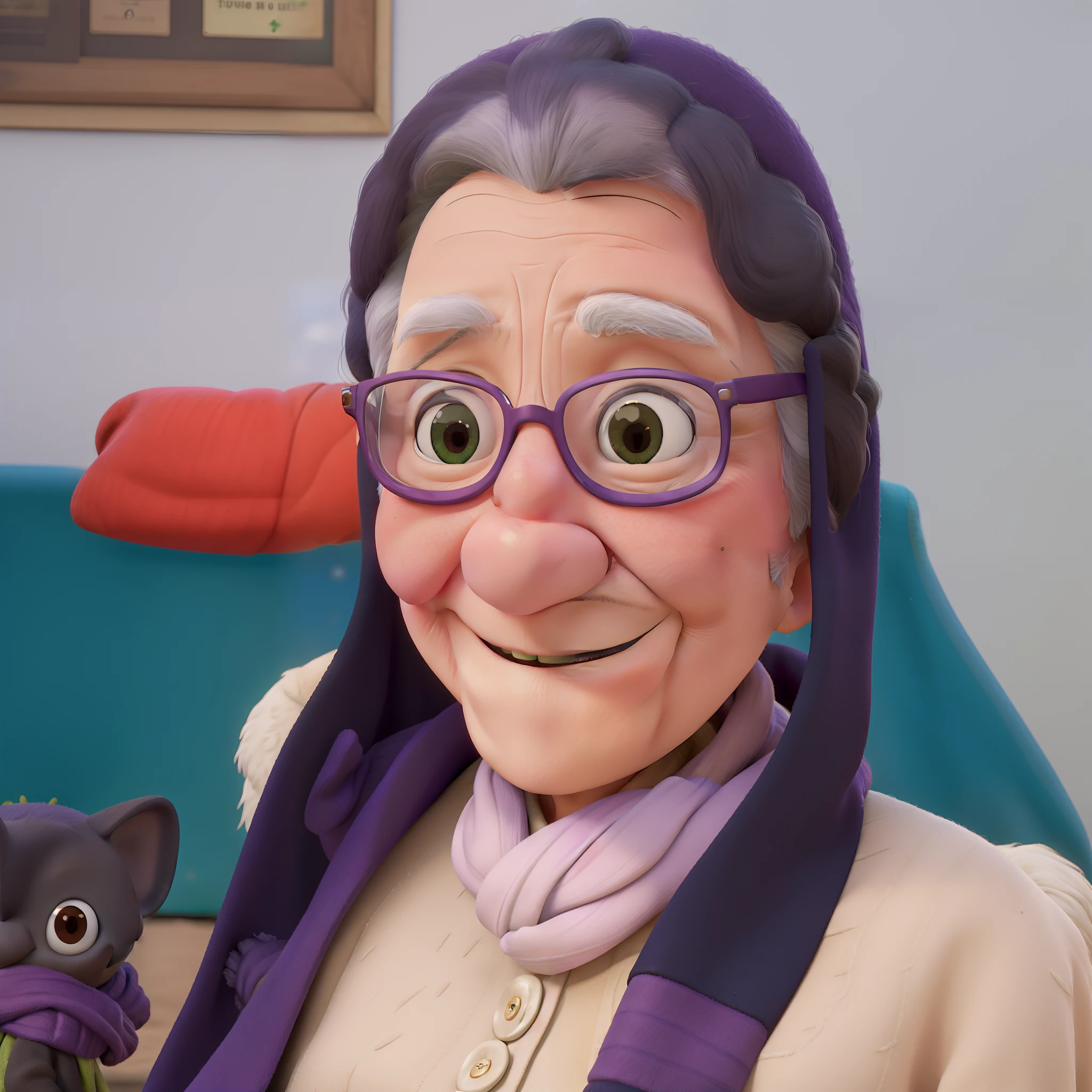 masterpiece, best quality, an old woman with glasses and a scarf on, wearing a purple coat and green scarf, standing at the park
