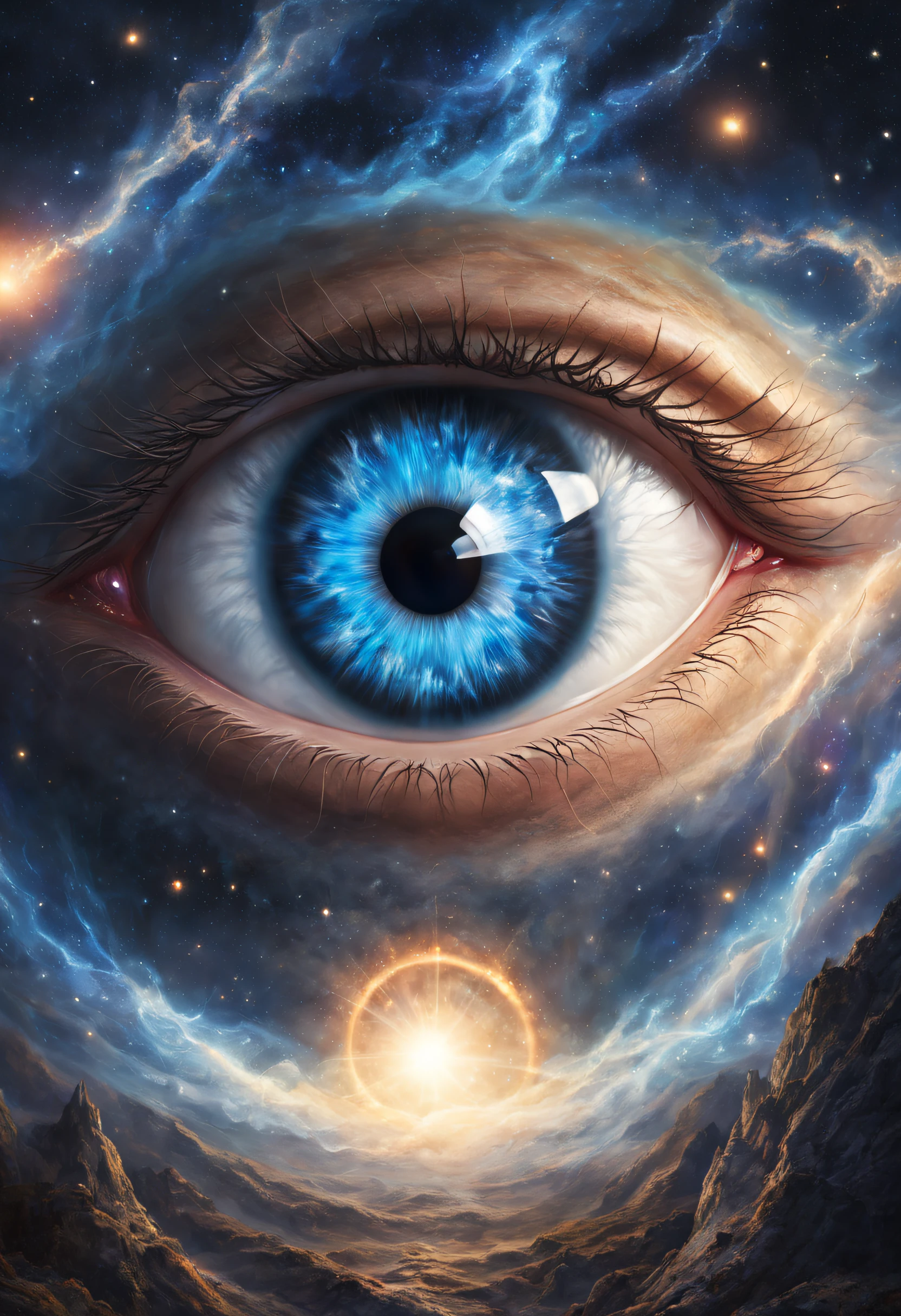 There is a picture of blue eyes，There is a spiral around it, Portrait of a mystical giant eye, the eye of the universe, The Eye of God, mystic eye, Eye of God Ra, Milky Way in the eyes, giant eye magic spell, Eye of the Gods, mystical third eye, Eye of the storm, many eyes in space, White cyclops portrait in the sky