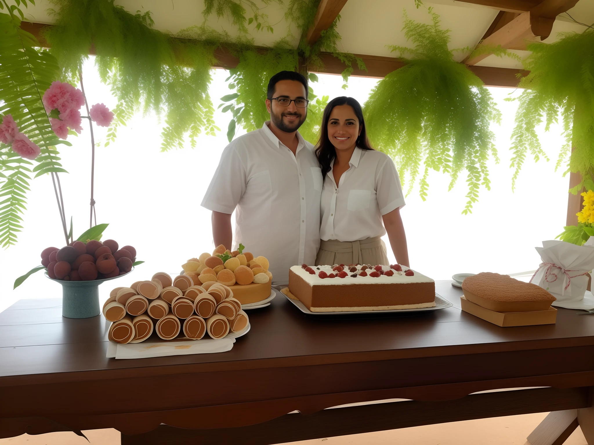 There's two people behind a table with a cake, festival, celebration of coffee products, sobremesa, Karla Ortiz, casamento, Rustic, divertindo-se, Nilo, um tiro largo e cheio, Sandra, community celebration, delicioso, lindamente ordenado, fotos de alta qualidade, mmmmm, exclusivo, Directed by: Joy Garnett, mid portrait, Directed by: Gwen Barnard