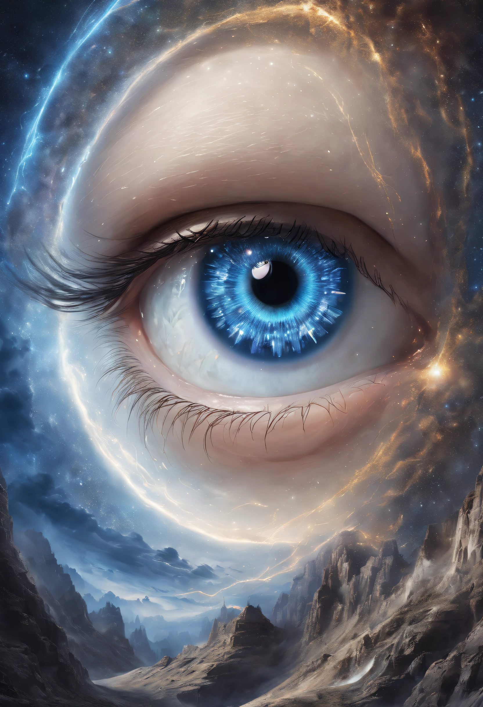 There is a picture of blue eyes,There is a spiral around it, Portrait of a mystical giant eye, the eye of the universe, The Eye of God, mystic eye, Eye of God Ra, Milky Way in the eyes, giant eye magic spell, Eye of the Gods, mystical third eye, Eye of the storm, many eyes in space, White cyclops portrait in the sky