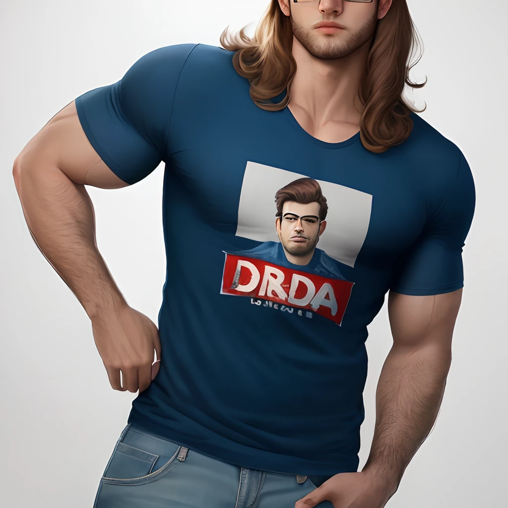 Boy with short brown hair showing his muscles, sixpack, shaved,babyface, he has a tatto on his chest where stands Ronja, jawline, big nose, green eyes, Realistic photo